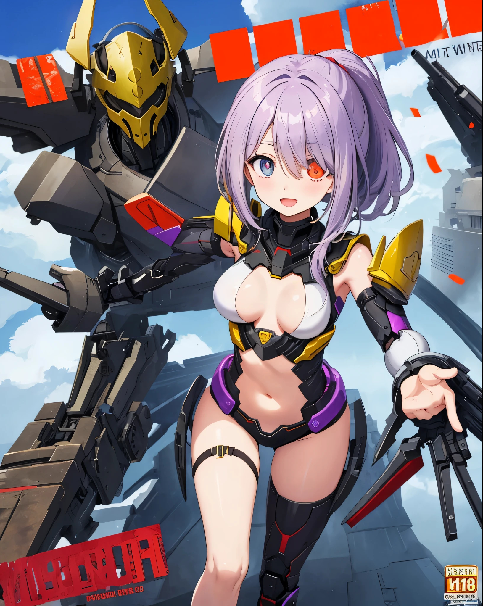 Japanese_anime_style,1figure_girl,(:1.5), (short_ponytail:1.3), (light_whitish_purple_hair:1.3),black_mechanical_armor_parts,white_breasts_parts_red_black_body_suit,bare_shoulder,bare_slender_thighs,medium_breasts,on_the_desk, desk_background,Stinging_eyes,(half_pupil:1.5),sleepy,thighhigh_greaves,gauntlets,dynamic_posing,bare_frank,metal_red_parts_armor,red_eye,
fists,hold_weapon,glare,navel,large_mechanical_parts,happy,waist_armor,open_mouth,rise_legs,apart_legs, (covered_navel:1.3),(very_long_bangs:1.3), (hair_over_one_eye:1.5),(long_bang_covers_right_half_of_face:1.5),
(covered_pussy:1.1),covered_breasts,armpits,