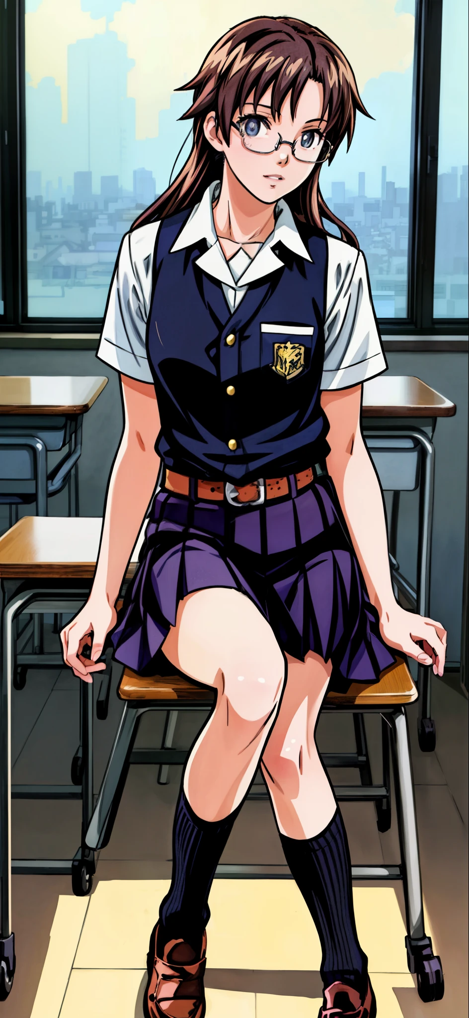 (highest quality,4K,8K,High resolution,table top:1.2), super detailed, (realistic,photorealistic,photo-realistic:1.37), background:school classroom,Taking classes,looking away,sitting in a chair,resting left elbow on desk,Glasses Girl, Unfortunate,((black hair)),((long hair)),high school uniform, high socks,loafers,beautiful and fine eyes, beautiful detailed lips, highly detailed eyes and face, long eyelashes, realistic anime 3D style, Smooth anime CG art, Digital rendering by Makoto Shinkai, Moe anime art style, photorealistic rendering of an anime girl, Shinkai Makoto style, Cute anime girl visuals, realistic young anime girl, girl fan art, Created by Anime Artist'studio of.