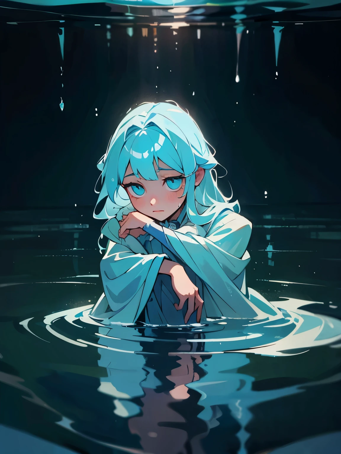 A young and beautiful girl, ruler of a kingdom, fancy clothes, with your entire body in the water as if she drowned, from her mouth releases a cold air that is visible, her expression is lifeless, her hair flows like rivers and is blue, her face looks at the camera like a dead body, her entire body is submerged in water like someone drowning, short-long hair, hair playing with water physics and rising upwards, the water in which she drowns is cold, forming ice, she seems to feel extremely cold, hugging herself to get warmer, light coming from above being the only illumination she has.