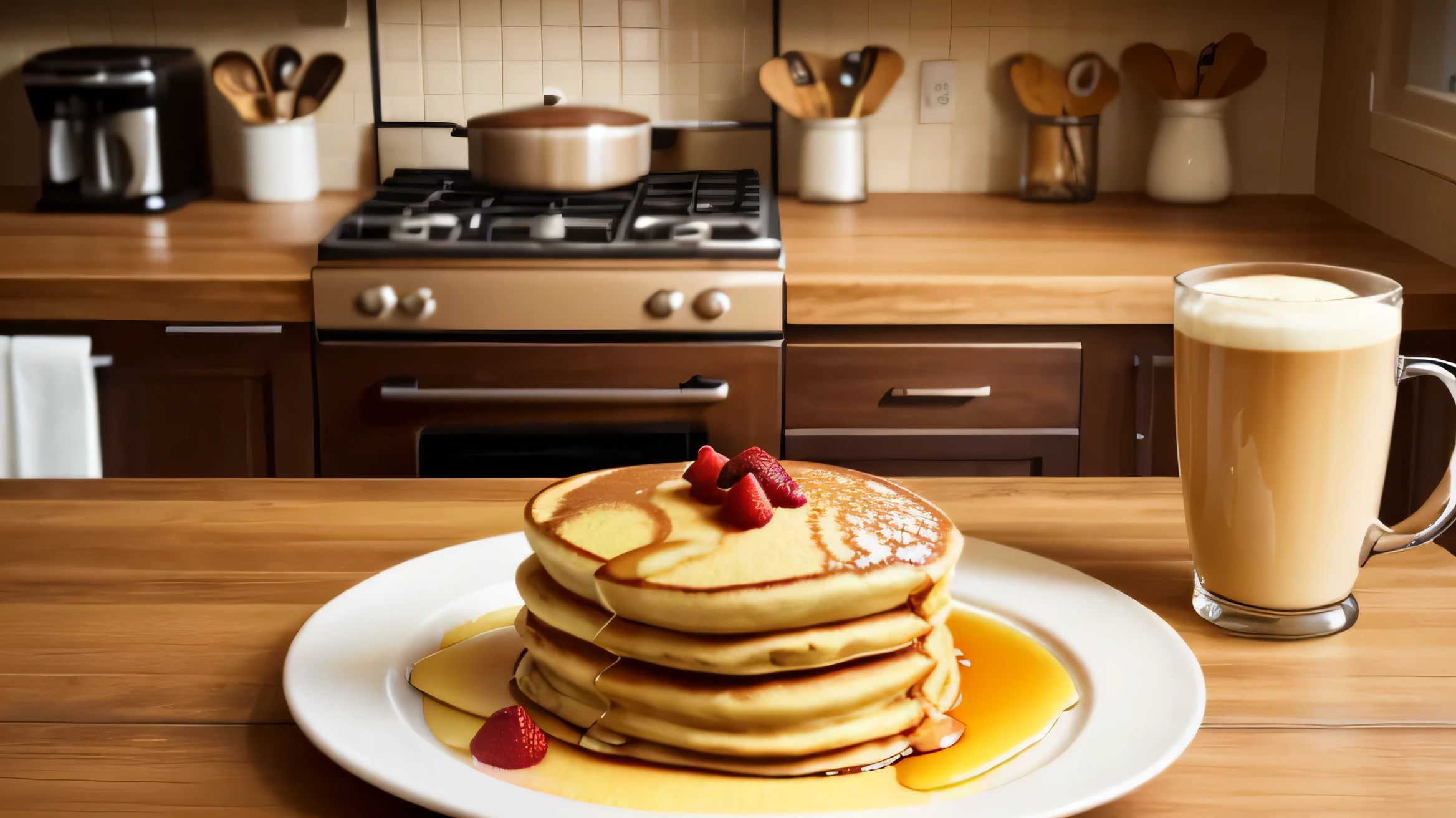 Create an engaging thumbnail image featuring a cozy kitchen environment with a plate of delicious pancakes and a hot cup of coffee. Adicione o texto dizendo &#39;Panquecas sem culpa definitivas&#39; em um tom vibrante, fonte atraente.