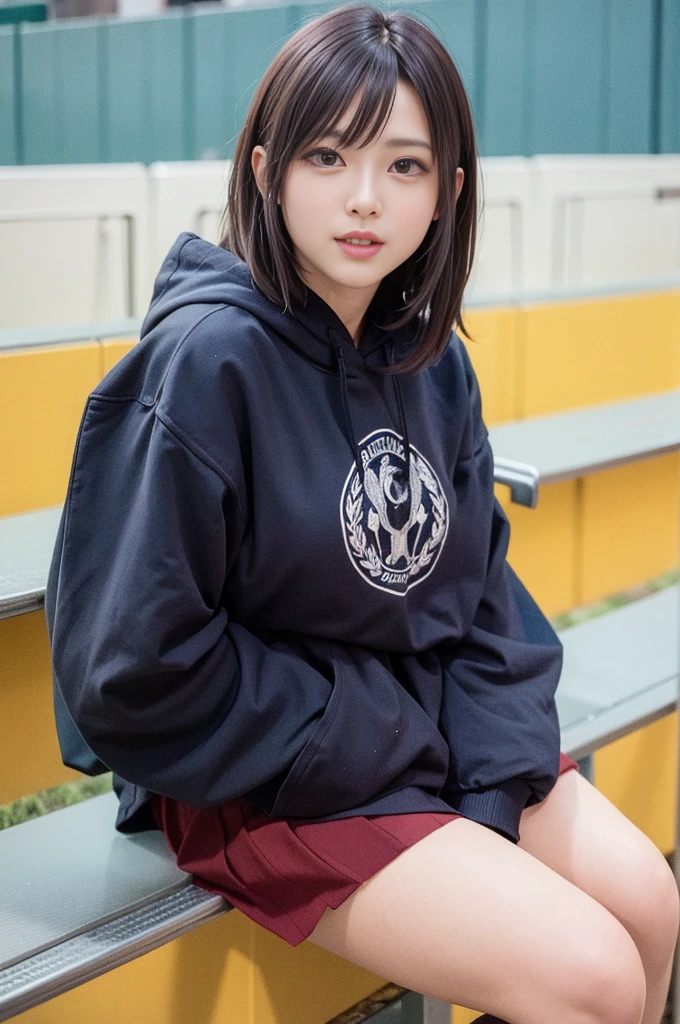 (masterpiece, highest quality, highest resolution, distinct_image, detailed details) A woman, 28 yo, wearing oversized hoodie combination of dark blue and yellow, hoodie design