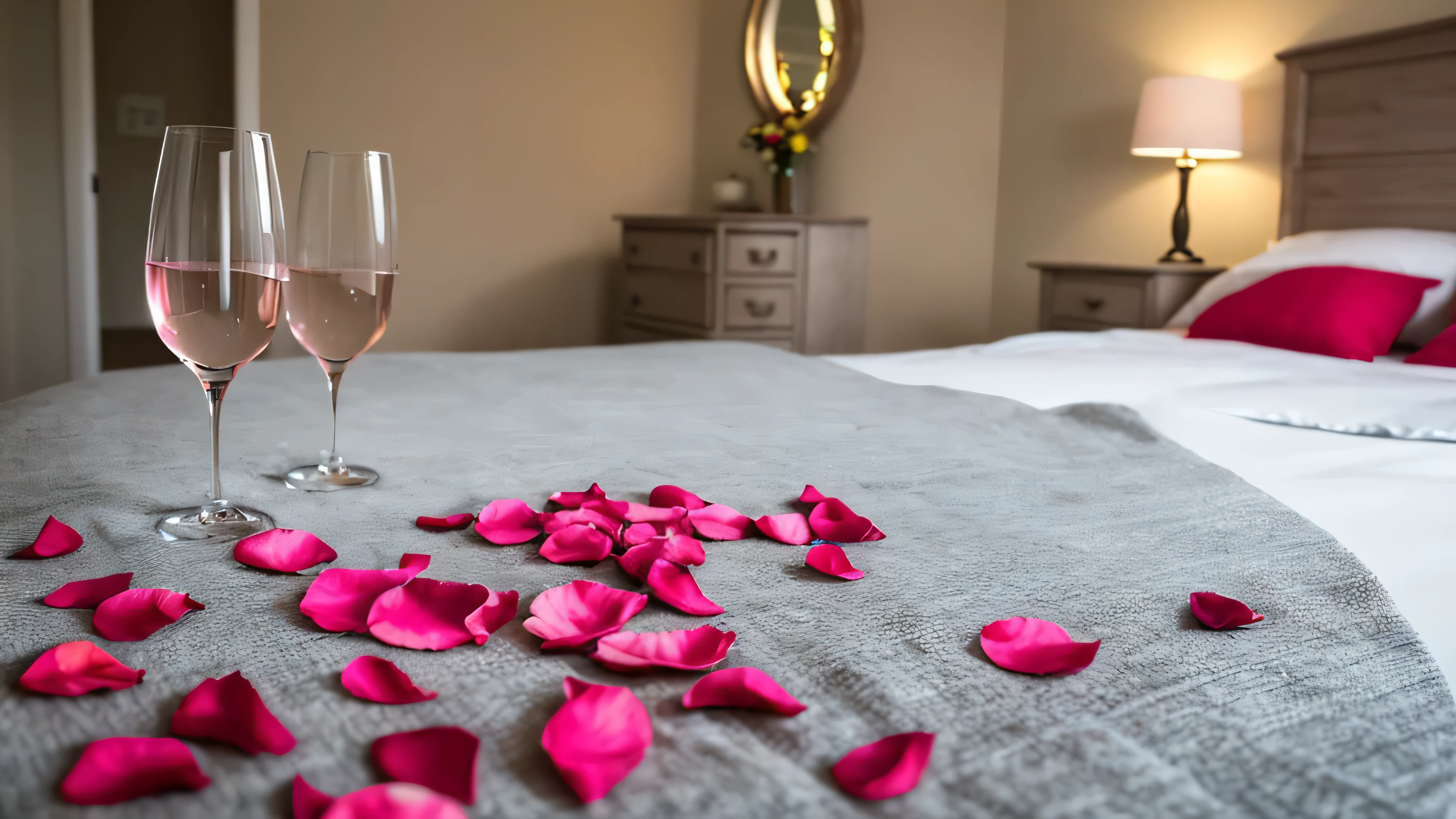 Rose petals in bed ,in the Christmas room,the bed is white and pink with a FluFFy plaid,and red rose petals on the bed,Champagne glasses stand next to each other on the table,in good Focus,F/35 mm,pure Focus,high hyper detail,High Quality 8K,contrast,post processing at a proFessional level,Detailed image,