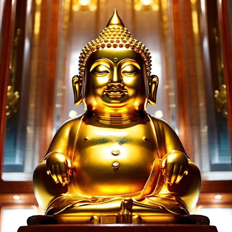 A golden Buddha that looks like it will make you rich、smiling、