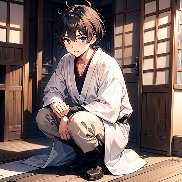 A 35 years old Japanese man, wearing a white dress shirt, brown kimono, a long mantle, a boots, a hat, grumpy facial expression, has a Japanese traditional fan,