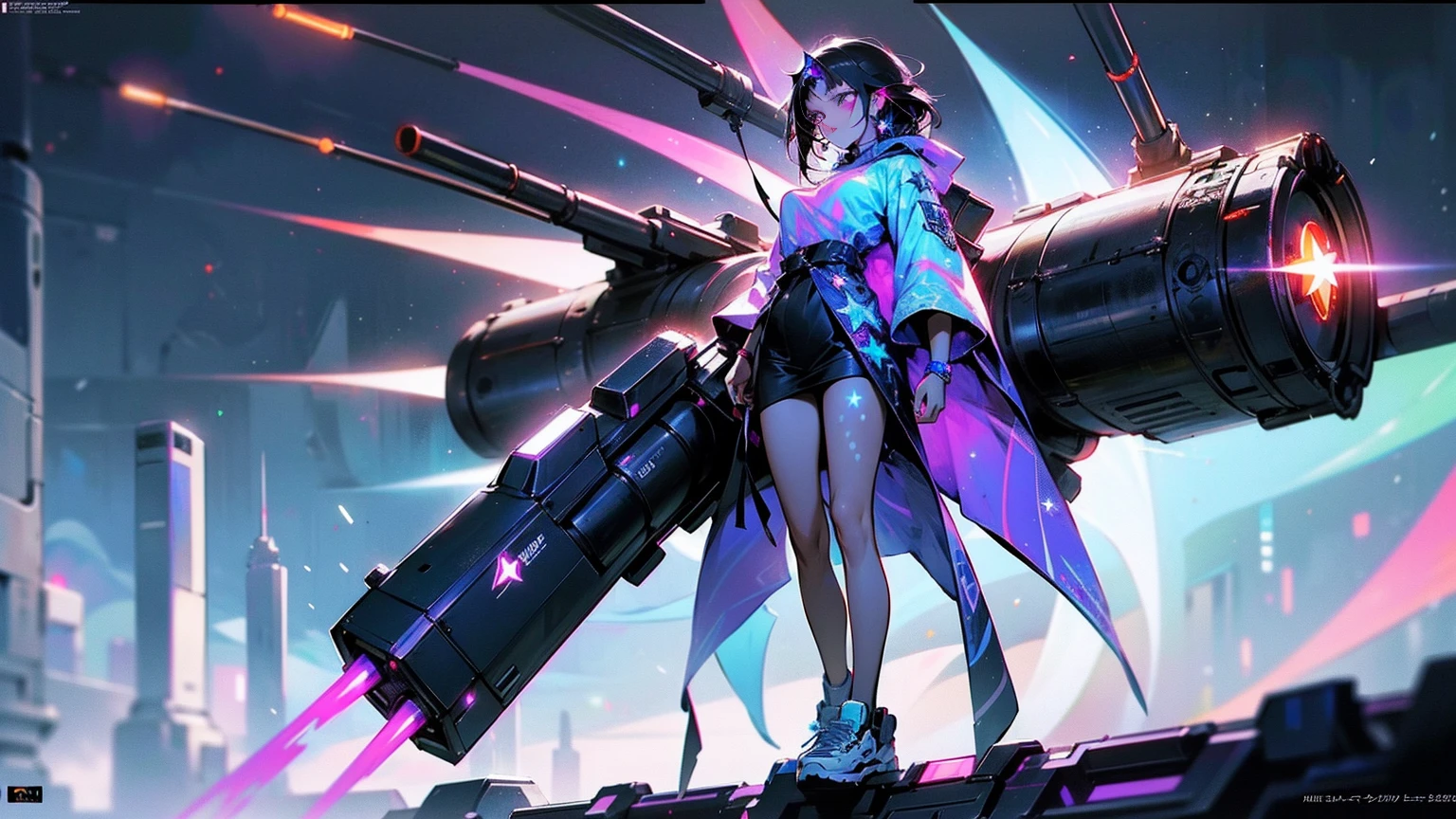 A Full Body Shot Of An Anime Manga Gypsy Woman, Dark Hair, ((Star Tattoos On Her Body)), Holding A Really Big Military Rocket Cannon On Her Shoulder. She Is Wearing Cyberpunk Summer Clothing And Futuristic Sneakers, Beautiful Rainbow Glowing Radiant Cybernetic Energy With Vivid Bioluminescent Colors, Vibrant Lighting, A Neo-Tokyo-Style City, (It's A Fantastically Detailed Masterpiece), (Highest Artistic Quality).