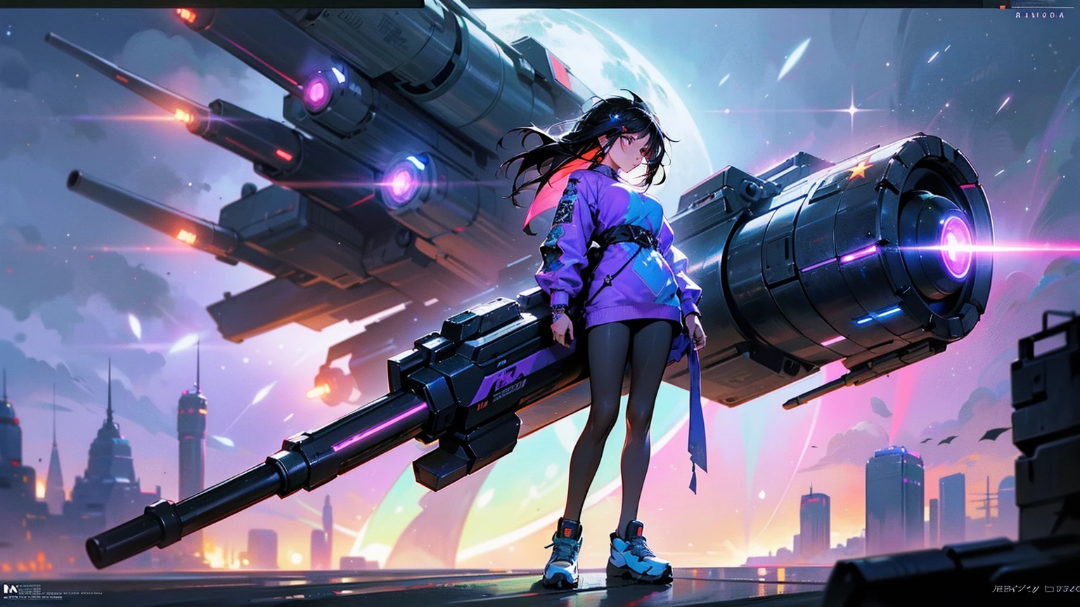 A Full Body Shot Of An Anime Manga Gypsy Woman, Dark Hair, ((Star Tattoos On Her Body)), Holding A Really Big Military Rocket Cannon On Her Shoulder. She Is Wearing Cyberpunk Summer Clothing And Futuristic Sneakers, Beautiful Rainbow Glowing Radiant Cybernetic Energy With Vivid Bioluminescent Colors, Vibrant Lighting, A Neo-Tokyo-Style City, (It's A Fantastically Detailed Masterpiece), (Highest Artistic Quality).