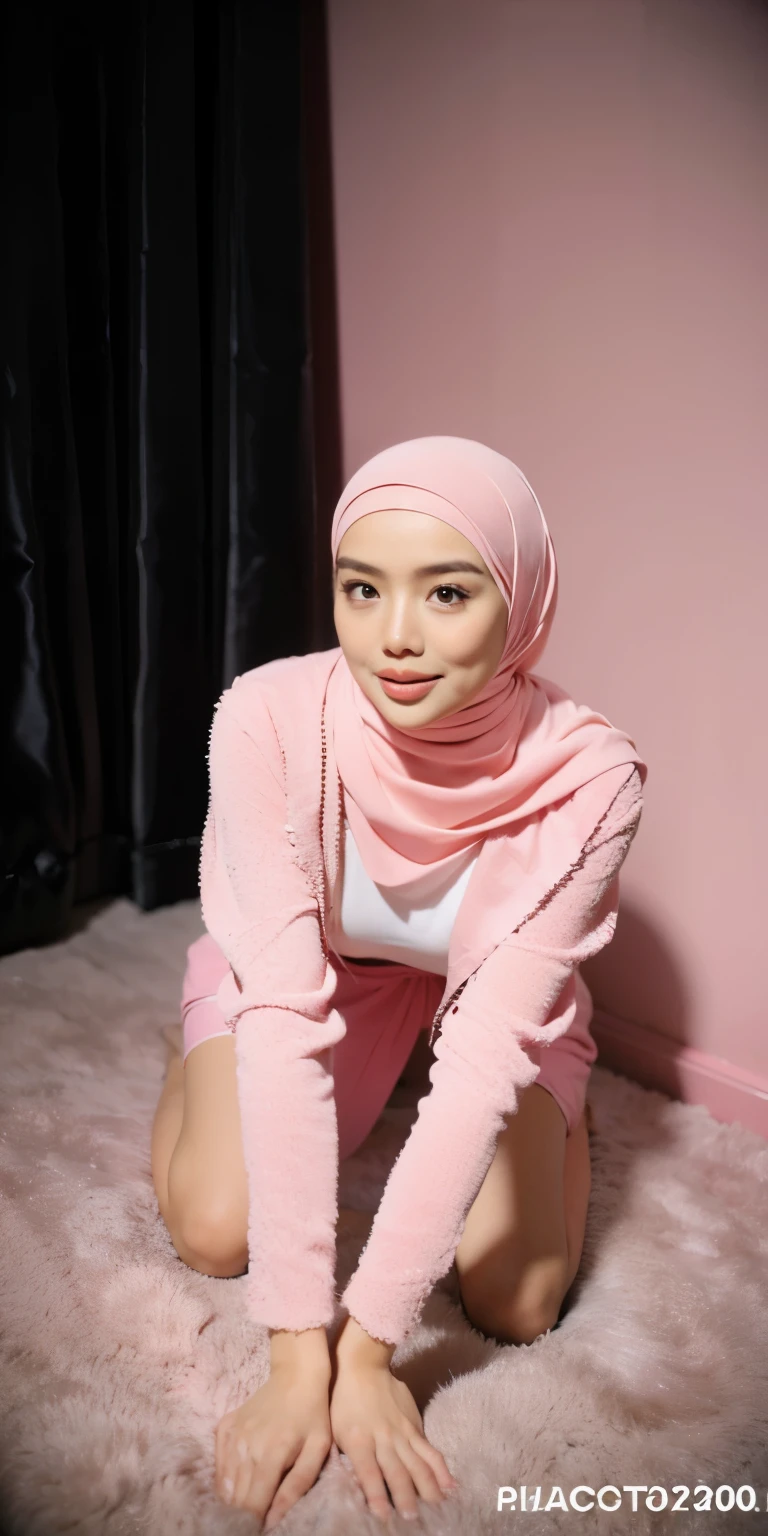 Young malay 20 years old girl wearing hijab, pastel color hijab, naked, front view, small tits, small sagging breast, small chest, slim, slim abs, small waist, big hips,thick thighs, bright lighting, white lighting, detail skin texture, wrinkles, mole below eyes, bokeh, ((knelling on bed)), bedroom, sexy petite body, exposed breast, wearing t-shirt, realistic skin, seductive pose, seducing, bend over on bed, saggy breast, sagging small breast, looking viewers, soft focus face, magazine cover, beautiful smile