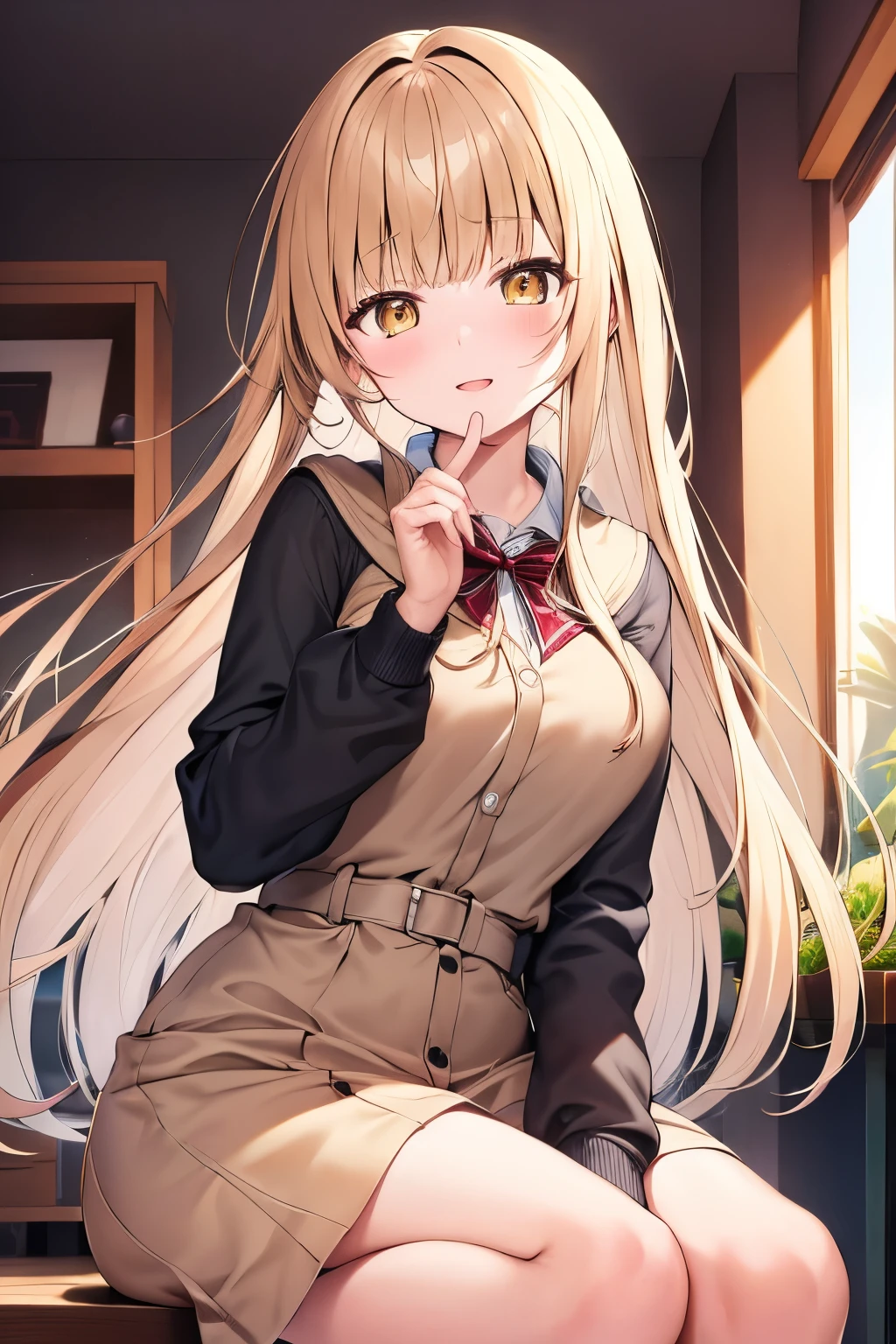 anime girl with long blonde hair and yellow eyes looking at camera, with a brown fringe, [[[[grinning evily]]]], childhood friend, daily life, orange: 0.5, ultra detail, hight quality, best quality