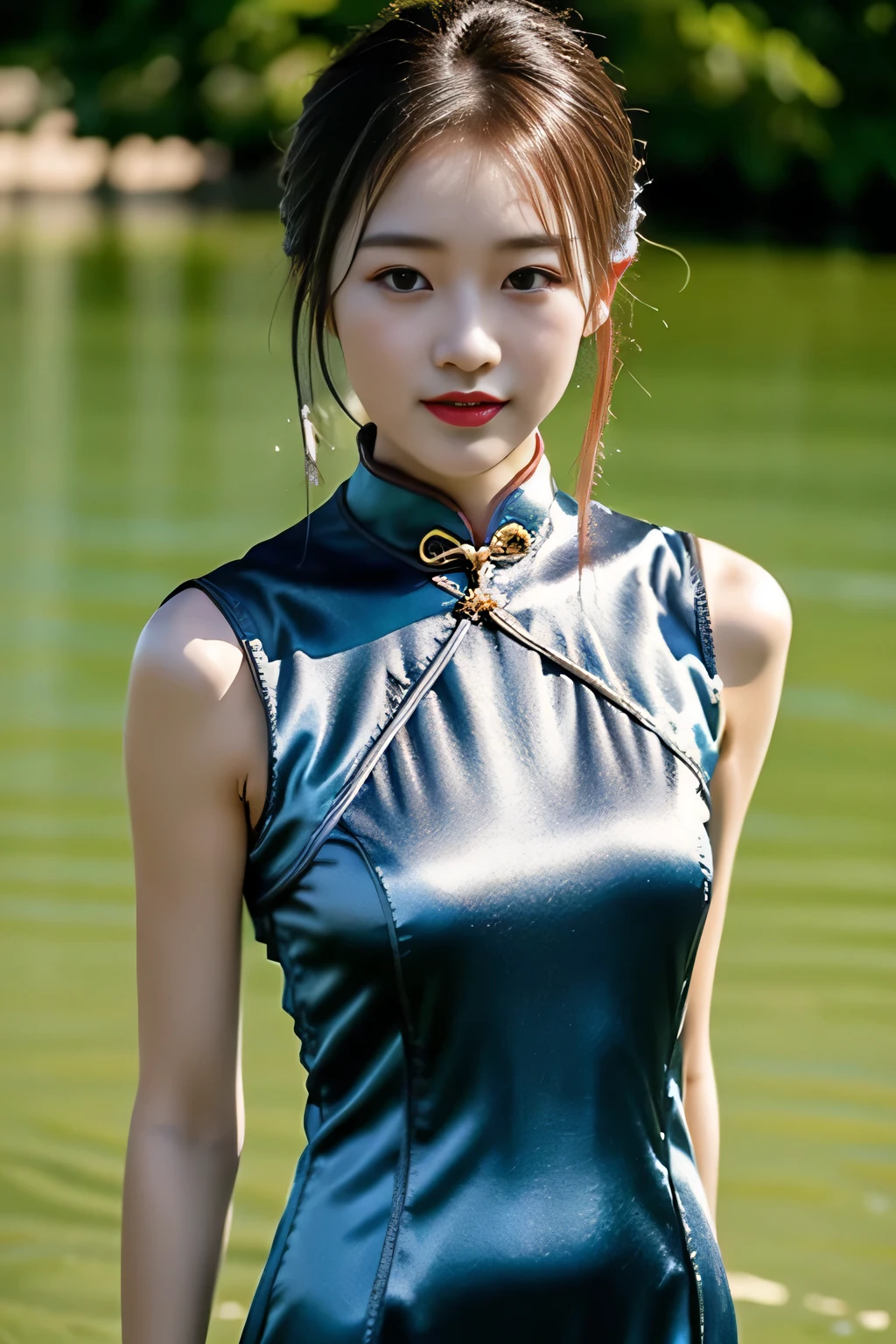 {one chinese woman}、{Beautiful Chinese woman by the pond in a Chinese garden during heavy rain}、(She is wearing a super shiny silk satin cheongsam long dress.:1.8)、(provocative look), (Sleeveless Chinese long dress that fits the body when wet:1.8)、 anatomically correct proportions, 8K, RAW shot, Top quality, ((masterpiece)), realistic pictures, cinematography lighting, (Portrait:1.5), {Beautiful women like Chinese actresses}, (18 year old Chinese beauty), beautiful hair、(Beautiful woman with slim figure:1.5)、(Medium udder:1.5)、(She wears a super shiny cheongsam with traditional colors and patterns.:1.5)、(shadow of nipple:1.5), (put your arms down), (wet hair:1.5), (wet cheongsam:1.5), (Chinese garden with heavy rain), (A light-colored cheongsam that is wet and sticks to your body), (wet and shiny skin),(Chinese dress made of shiny thin fabric:1.2), (shadow of nipple:1.3), (A light-colored cheongsam dress made of thin fabric with beautiful patterns:1.5)