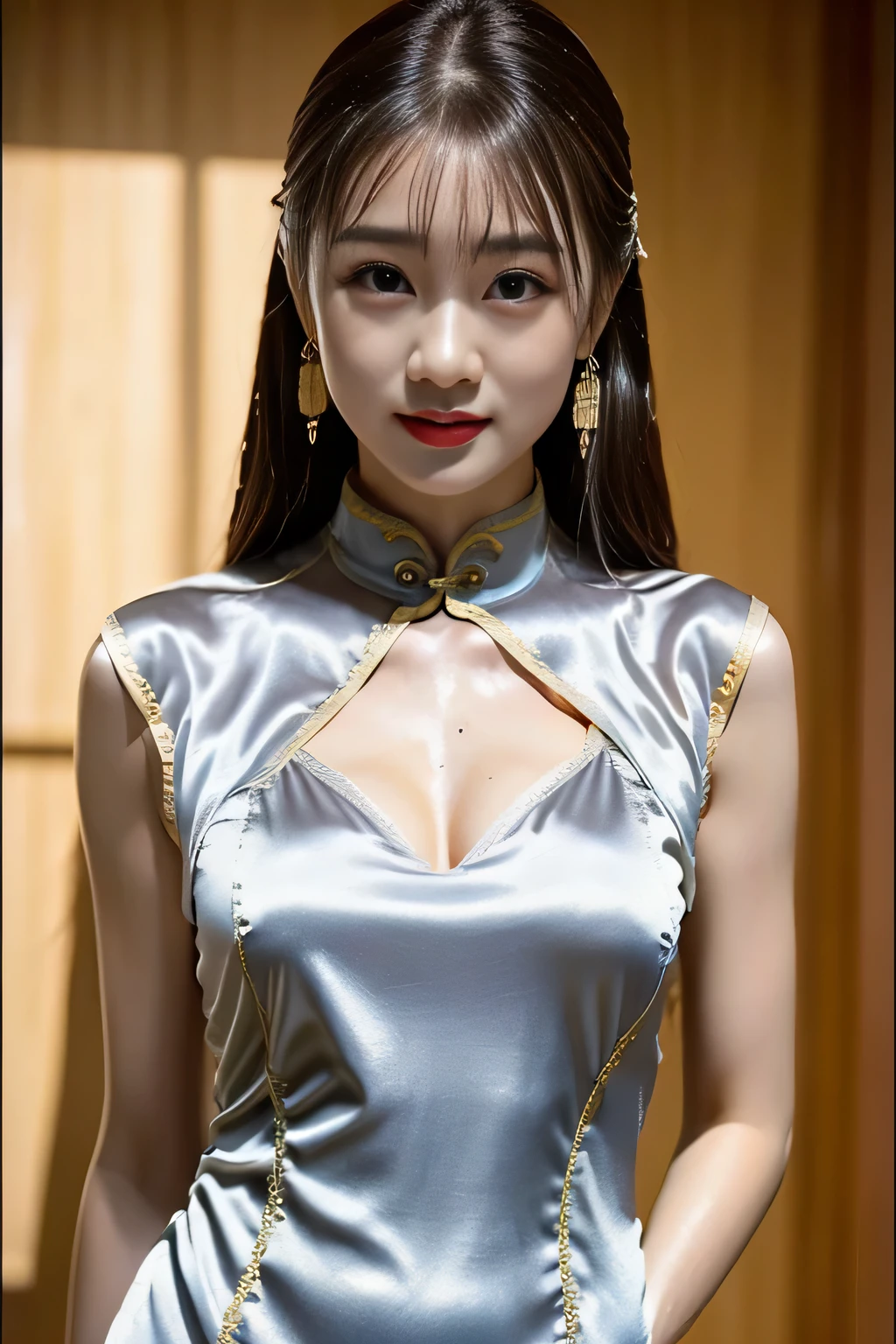 {one chinese woman}、{Beautiful Chinese woman by the pond in a Chinese garden during heavy rain}、(She is wearing a super shiny silk satin cheongsam long dress.:1.8)、(provocative look), (Sleeveless Chinese long dress that fits the body when wet:1.8)、 anatomically correct proportions, 8K, RAW shot, Top quality, ((masterpiece)), realistic pictures, cinematography lighting, (Portrait:1.5), {Beautiful women like Chinese actresses}, (18 year old Chinese beauty), beautiful hair、(Beautiful woman with slim figure:1.5)、(Medium udder:1.5)、(She wears a super shiny cheongsam with traditional colors and patterns.:1.5)、(shadow of nipple:1.5), (put your arms down), (wet hair:1.5), (wet cheongsam:1.5), (Chinese garden with heavy rain), (A light-colored cheongsam that is wet and sticks to your body), (wet and shiny skin),(Chinese dress made of shiny thin fabric:1.2), (shadow of nipple:1.3), (A light-colored cheongsam dress made of thin fabric with beautiful patterns:1.5)