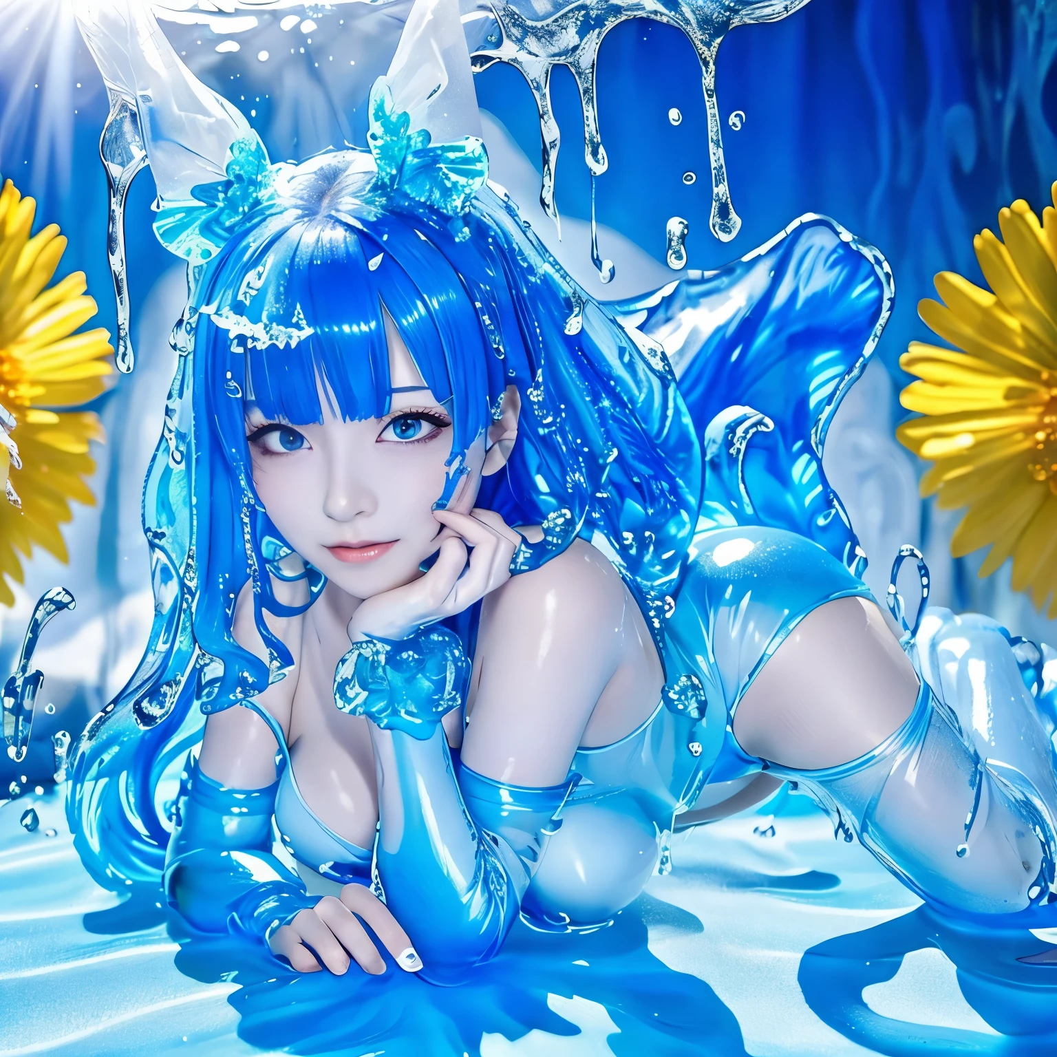 (hight resolution,masutepiece:1.2),Ultra-detailed,(Realistic:1.37), Slime Girl,covered in blue slime, (partially transparent), (Wet with water), (blue sweat), Slimy blue liquid dripping from her body. Her hair is also covered in blue slime. blue slime scatters, Blue hair, blue eyes