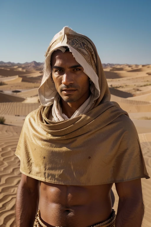 A man with Sun tanned Skin , chiseled facial features, no hair on his head, piercing eyes , Adorned in desert robes adorned with intricate patterns inspired by dunes and camels, he epitomizes the spirit of the arid wilderness. With every step, fascinating desert background, Eye catching photo, Masterpiece picture,nikon d850 film stock photograph 4 kodak portra 400 camera f1.6 lens rich colors hyper realistic lifelike texture dramatic lighting unreal engine trending on artstation cinestill 800,8k