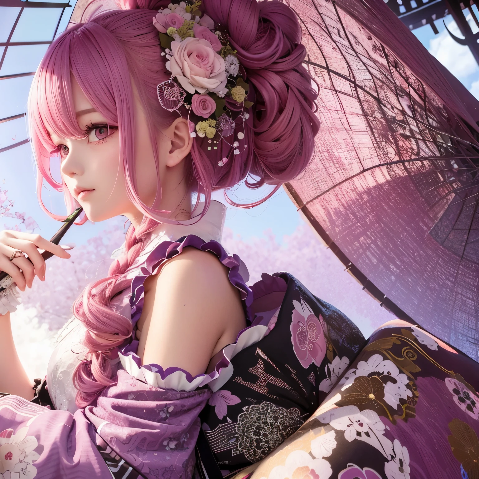 Upper body、1 girl、pink haired、bun hair、mansion、purple eye、Gorgeous lace kimono、off shoulder、Holding a parasol、Japan anime-style odd-eye, It rains
