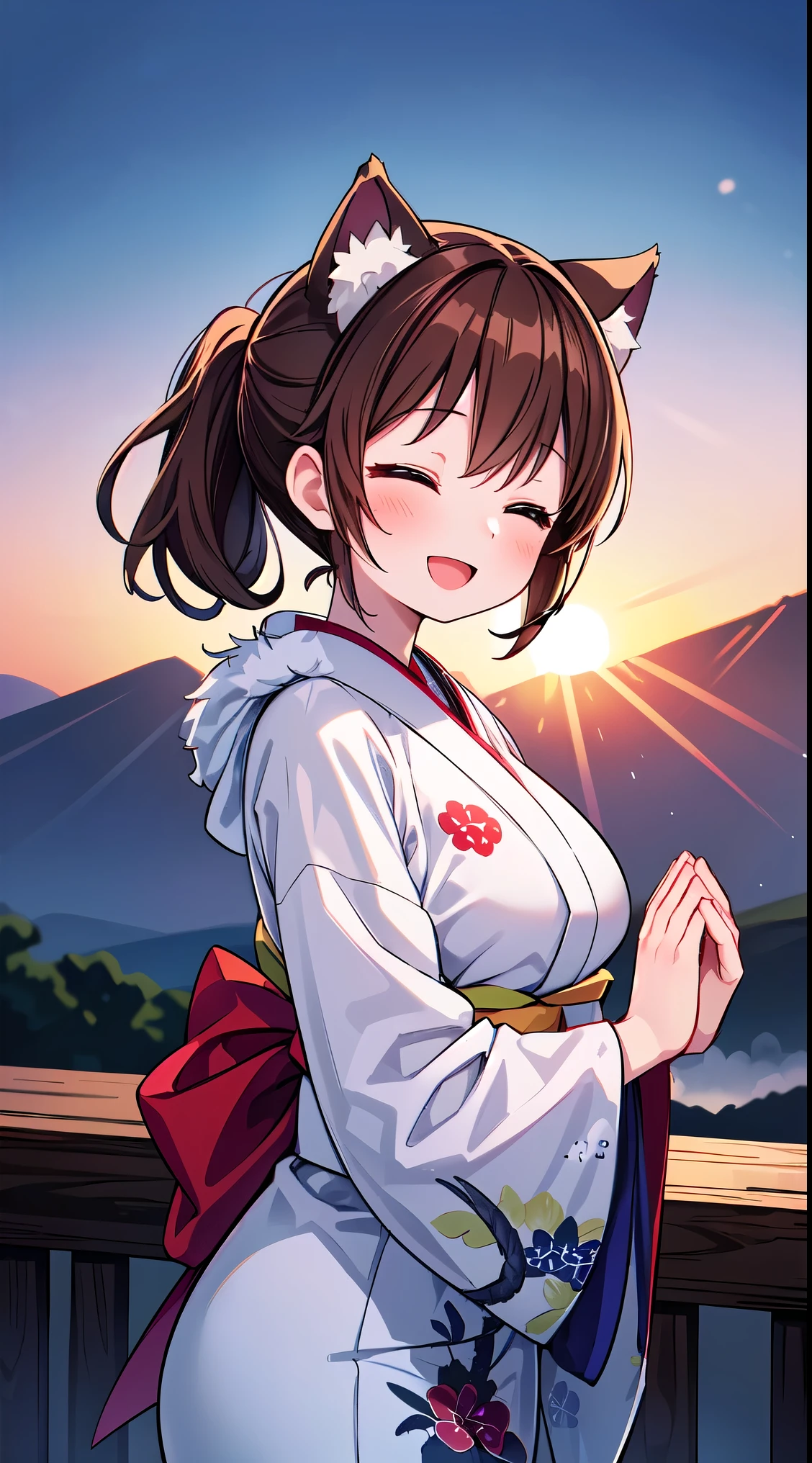 (masterpiece, top quality, best quality, official art, beautiful and aesthetic:1.2),ultra-detailed,intricate details,amazing illustration,award-winning art,atmospheric,
BREAK, 1 beautiful girl, (17 years old girl), Very detailed, colourfull, highest details, BREAK, (Huge breasts: 1. 2), Clear skin, Beautiful skin, Shy skin, 1 beautiful girl, (Brown hair:1.75), (Cat ears, Ponytail, medium-Long hair: 1. 2), (Light blue eyes, long eyelashes, Double eyelids: 1. 2),Solo,gleaming skin, Clear skin, Beautiful skin,(best quality face),(Top quality glowing eyes),(The best smile,:D:1.45), BREAK,
(A girl watching the sunrise from the mountaintop, Mt. Fuji,The sunrise, beautiful sunrise:1.7),
(A properly shaped kimono with a detailed and beautiful pattern:1.5),
BREAK , snowing, crowed people in the background,(closed eyes, praying with hands together:1.35), (girl in a kimono with fur visiting a shrine where a statue of a dragon is enshrined:1.2), BREAK,wakame,wakame,wakame,(Cowboy Shot:1.4),
BREAK,(Blurry background:1.3),(absurderes, hight resolution, Super Detail Art),cel shading,Clear Color, Lonely optical effect, Beautiful pictures, Bright glow, mystic atmosphere,(Close-up of girl:1.1), Mystical light particle effect,manga influence, clean line drawings,