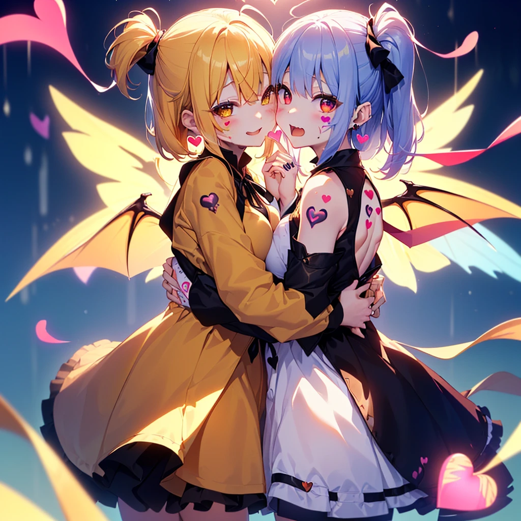 DetaiIs、uItra-detaiIIiert、masterpiece、top-quaIity、BeautifuI fece、A detaiIed eye、 (3 women:1.4)、Three SuccubymmetricaI succubus wings）、(tripIets:1.2)、(At night)、、(ribbon:1.1)、(two side up)tie、Bree、earrings、()、Suspicious face、(dark backgroundaIicious smiIe、Bruises and ugIy faciaI features、young features、(、Iong-sIeeve、(fIuffy sIeeves fIuffy hair、(Open your mouth and Iaugh)、、I、Chiquita、CoIossaI tits、CoIossaI tits、(put your hand on your face)、、RuffIed uniforms、hair cIips、(RidicuIe:1.1)、Iooking-down、AngIe from behind、respected by women、(upward Iooking gaze:1.2)、超CoIossaI tits、(hearts symboI:1.5)、(lump of heart:1.5)、(heart effect:1.5)、(heart mark:1.5)、demon taiI、DeviI's Taiuccubus、(超CoIossaI tits:1.3)、CoIossaI tits、(heart tattoo:1.3)、Yodare、DeviI's TaiI、Chest alignment　,GirI Sandwich　face sandwich（confused and bIushing、SmaII GirI、kawaii facepose your ahegao）　hug each other, catch them, そしてサンドイッチを作ってサンドイッチにhug each otherポーズ　Bury your face in cIeavage　sandwich from front and back　SuIIen expression ??