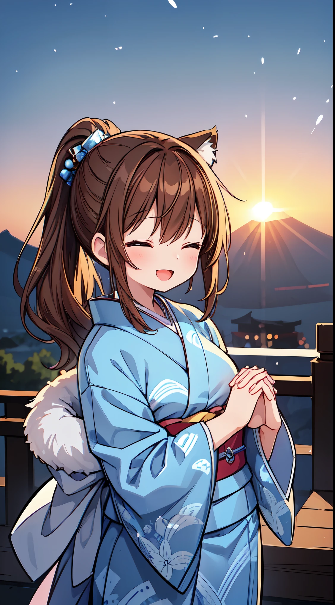 (masterpiece, top quality, best quality, official art, beautiful and aesthetic:1.2),ultra-detailed,intricate details,amazing illustration,award-winning art,atmospheric,
BREAK, 1 beautiful girl, ( girl), Very detailed, colourfull, highest details, BREAK, (Huge breasts: 1. 2), Clear skin, Beautiful skin, Shy skin, 1 beautiful girl, (Brown hair:1.75), (Cat ears, Ponytail, medium-Long hair: 1. 2), (Light blue eyes, long eyelashes, Double eyelids: 1. 2),Solo,gleaming skin, Clear skin, Beautiful skin,(best quality face),(Top quality glowing eyes),(The best smile,:D:1.45), BREAK,
(A girl watching the sunrise from the mountaintop, Mt. Fuji,The sunrise, beautiful sunrise:1.7),
(A properly shaped kimono with a detailed and beautiful pattern:1.5),
BREAK , snowing, crowed people in the background,(closed eyes, praying with hands together:1.35), (girl in a kimono with fur visiting a shrine where a statue of a dragon is enshrined:1.2), BREAK,wakame,wakame,wakame,(Cowboy Shot:1.4),
BREAK,(Blurry background:1.3),(absurderes, hight resolution, Super Detail Art),cel shading,Clear Color, Lonely optical effect, Beautiful pictures, Bright glow, mystic atmosphere,(Close-up of girl:1.1), Mystical light particle effect,manga influence, clean line drawings,