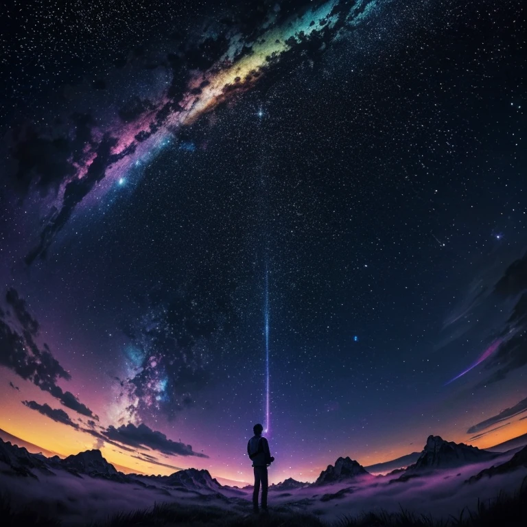Highly detailed, High quality, Masterpiece, Beautiful, 1boys, Starry, strry light, Night, Colorful, Cloud, Star \(sky\), GigaChad, Create mesmerizing combinations of iridescent colors, Has an overlapping mode, Color leakage, and psychedelic effects, Reminiscent of a kaleidoscope, Black hair