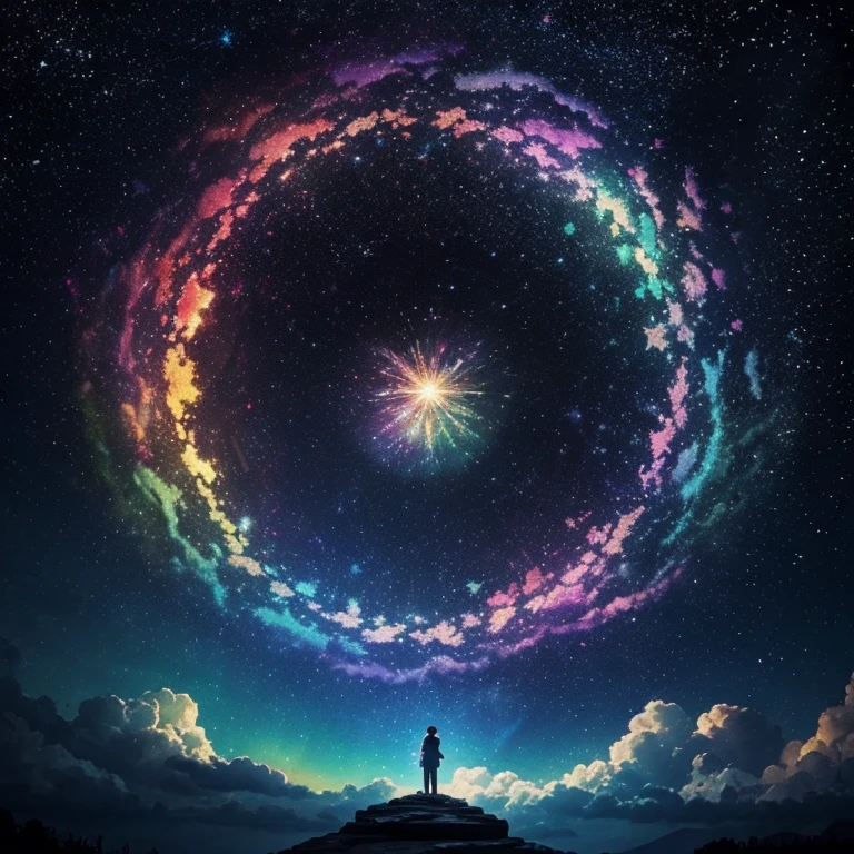 Highly detailed, High quality, Masterpiece, Beautiful, 1boys, Starry, strry light, Night, Colorful, Cloud, Star \(sky\), GigaChad, Create mesmerizing combinations of iridescent colors, Has an overlapping mode, Color leakage, and psychedelic effects, Reminiscent of a kaleidoscope, Black hair