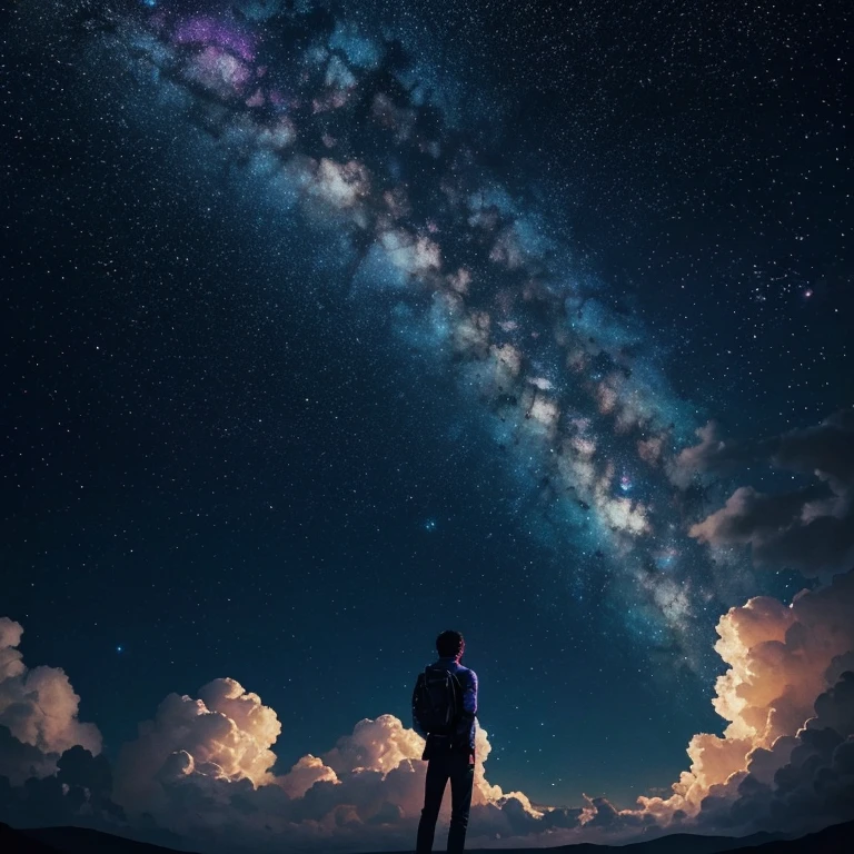 Highly detailed, High quality, Masterpiece, Beautiful, 1boys, Starry, strry light, Night, Colorful, Cloud, Star \(sky\), GigaChad, Create mesmerizing combinations of iridescent colors, Has an overlapping mode, Color leakage, and psychedelic effects, Reminiscent of a kaleidoscope, Black hair