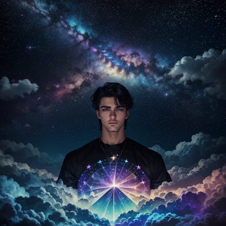 Highly detailed, High quality, Masterpiece, Beautiful, 1boys, Starry, strry light, Night, Colorful, Cloud, Star \(sky\), GigaChad, Create mesmerizing combinations of iridescent colors, Has an overlapping mode, Color leakage, and psychedelic effects, Reminiscent of a kaleidoscope, Black hair