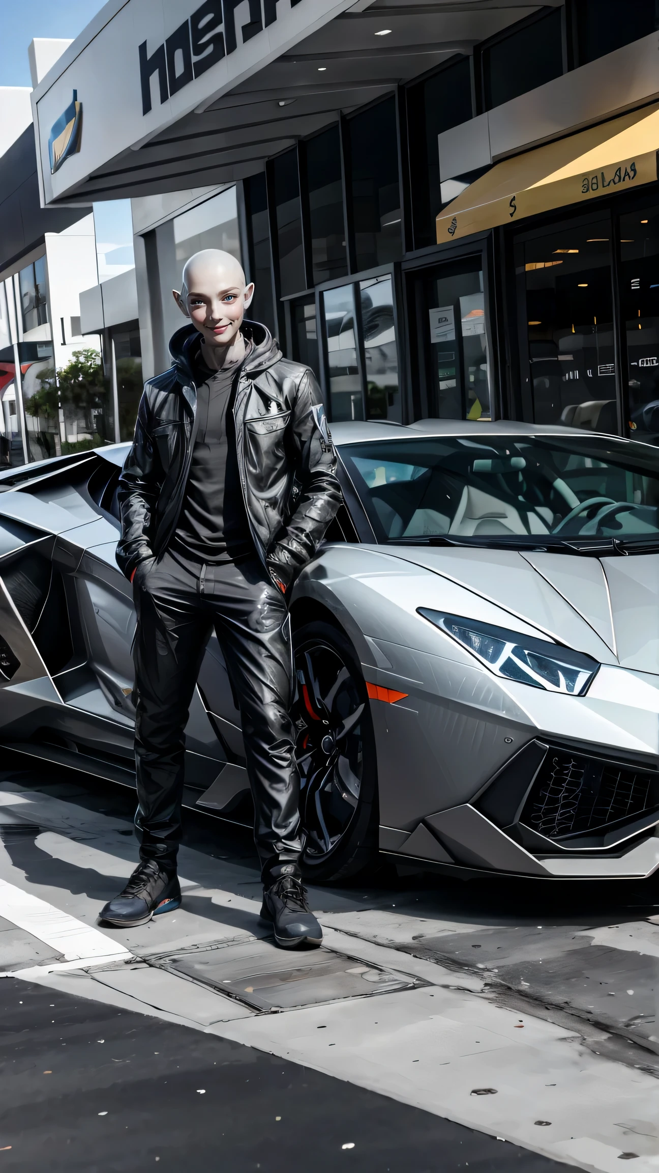 Gray alien posing for a selfie in front of a Lamborghini in wynwood Miami