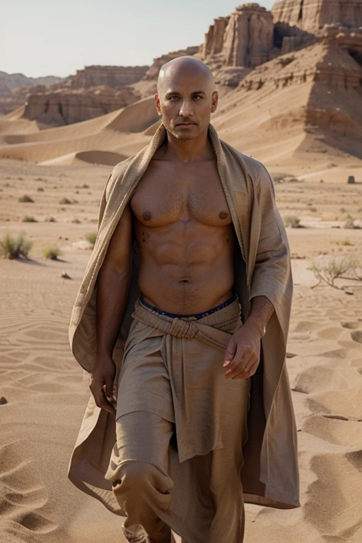 A man with Sun tanned Skin , chiseled facial features, completely bald, piercing eyes , Adorned in desert robes adorned with intricate patterns inspired by dunes and camels, he epitomizes the spirit of the arid wilderness. With every step, fascinating desert background, Eye catching photo, Masterpiece picture,nikon d850 film stock photograph 4 kodak portra 400 camera f1.6 lens rich colors hyper realistic lifelike texture dramatic lighting unreal engine trending on artstation cinestill 800,8k