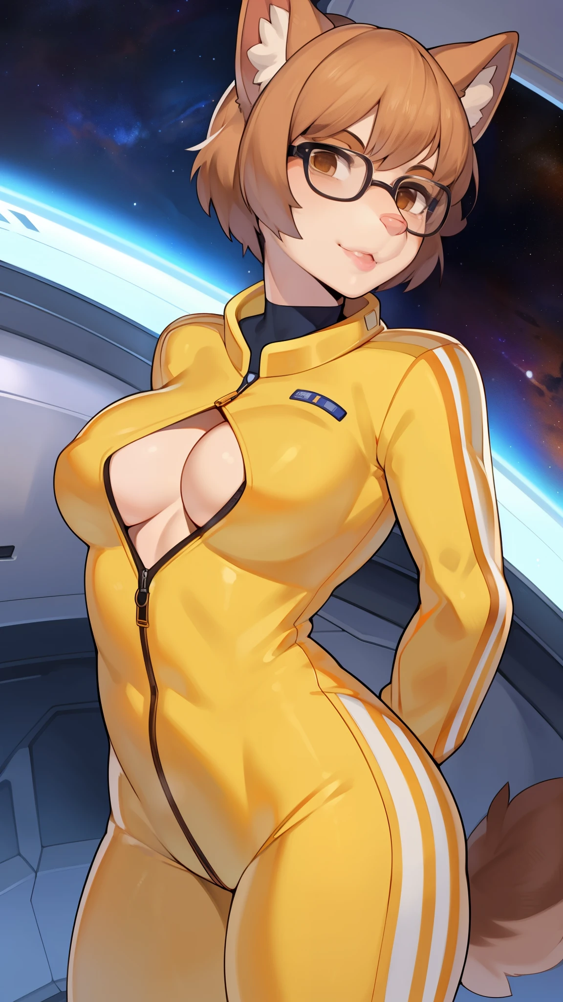 by buta99, by chelodoy, by spikedmauler, by cervina7, solo, female, lips, pink lips, pink nose, snout, glasses, detailed eyes, canine, brown fur, brown body, brown face, brown eyes, tan hair, (((very short hair))), yellow spacesuit, medium breasts, standing, pink inner ear, spaceship, space, window, hands behind back