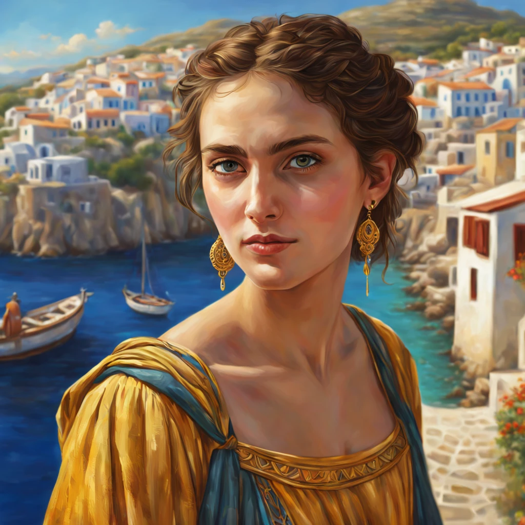 (award winning paintingin a (historical greek island village), looking at you over her shoulder, colorful, trending on artstation, golden ratio, (OverallDetail:1.3), EllisMix-AntiNSFW