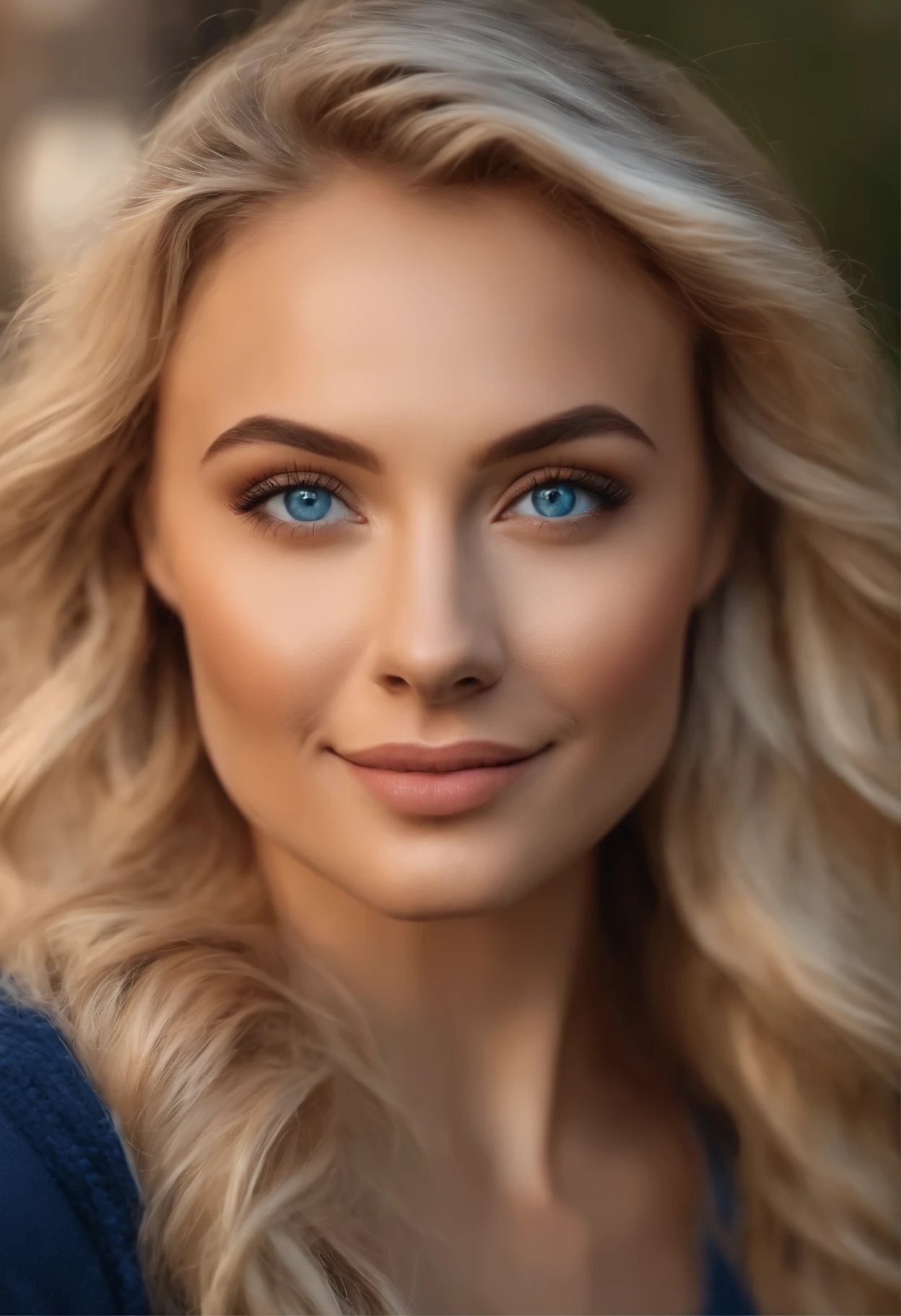 Full face, with blue eyes, ultra realistic, meticulously detailed, portrait, blonde hair and smile, selfie of a young woman, with makeup, natural makeup, looking directly at the camera, face ultra realistic and really very detailed.