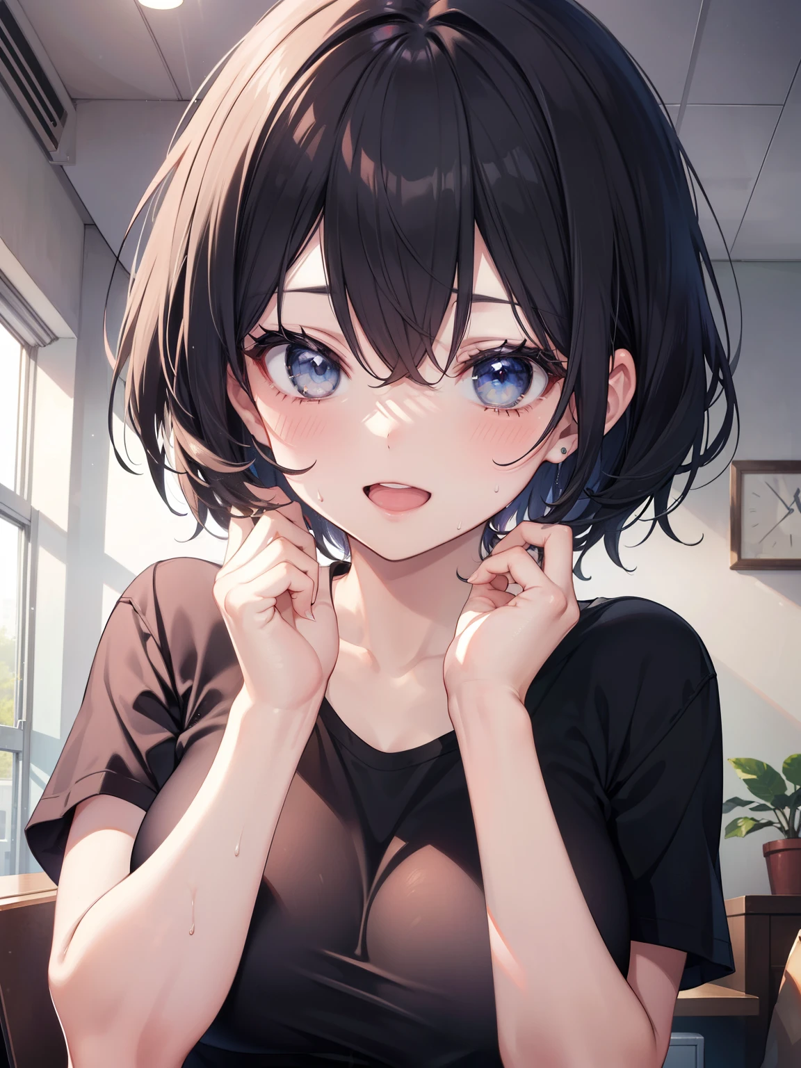(muste piece, best quality, High resolution, ticker, perfect pixel, Depth of bounds written, In 4K),
1 girl, solo, Lori, beautiful anime girl,
Looking at Viewer,
perfect body,
full face blush,
POV handjob, pussy focus, upper body,
ticker, short hair, black hair, eyes are blue, large boobs,
smile, open mouth,
black T-shirt, sweat,