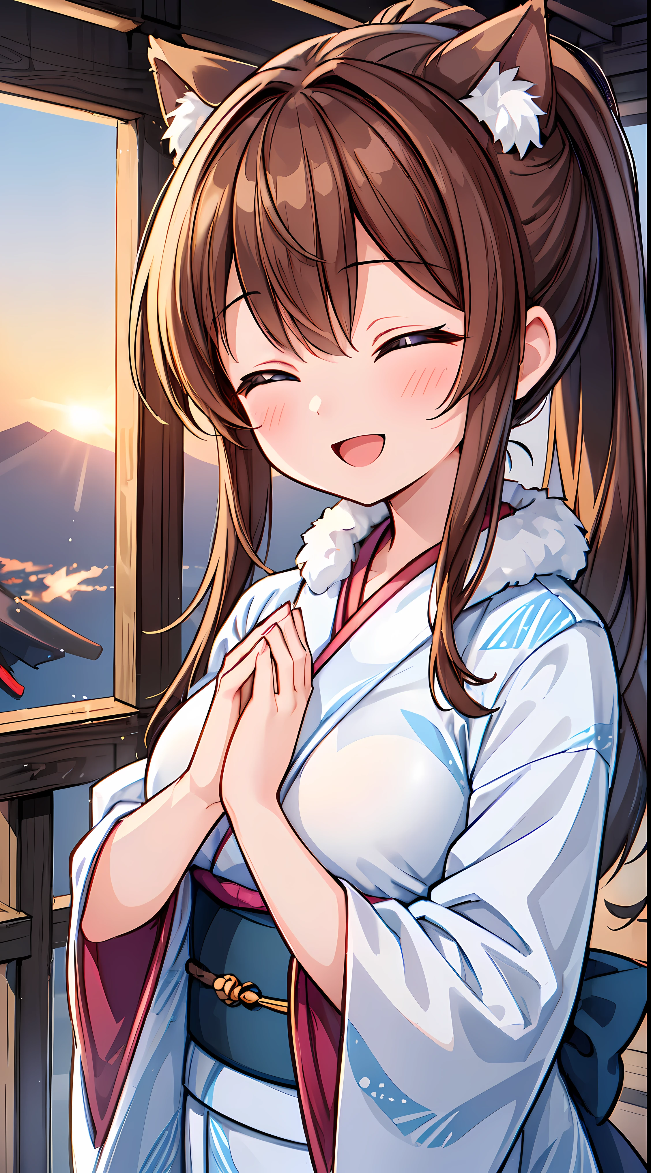 (masterpiece, highest quality, highest quality, official art, beautiful and aesthetic:1.2),super detailed,intricate details,great illustrations,award winning art,in the atmosphere,
break, 1 beautiful girl, (17 year old girl), very detailed, Colorful, best details, break, (huge breasts: 1. 2), beautiful skin, beautiful skin, shy skin, 1 beautiful girl, (brown hair:1.75), (Cat ear, ponytail, medium long hair: 1. 2), (light blue eyes, long eyelashes, double eyelids: 1. 2),alone,glowing skin, beautiful skin, beautiful skin,(highest quality face),(highest qualityの輝く目),(best smile,:d:1.45), break,
(Mountain頂からsunriseを眺める女の子, Mountain. Fuji,sunrise, 美しいsunrise:1.7),
(Well-shaped、A kimono with a detailed and beautiful pattern:1.5),
break , it's snowing, Crowded people in the background々,(close your eyes, join hands in prayer:1.35), (A girl wearing a fur kimono visits a shrine where a dragon statue is enshrined.:1.2), break,Seaweed,Seaweed,Seaweed,(cowboy shot:1.4),
break,(blurred background:1.3),(absurd, High resolution, Super detail Art),cel shading,clear color, lonely optical effect, beautiful photo, bright shine, mysterious atmosphere,(girl close-up:1.1), mysterious light particle effect,Manga influence, beautiful line drawing,