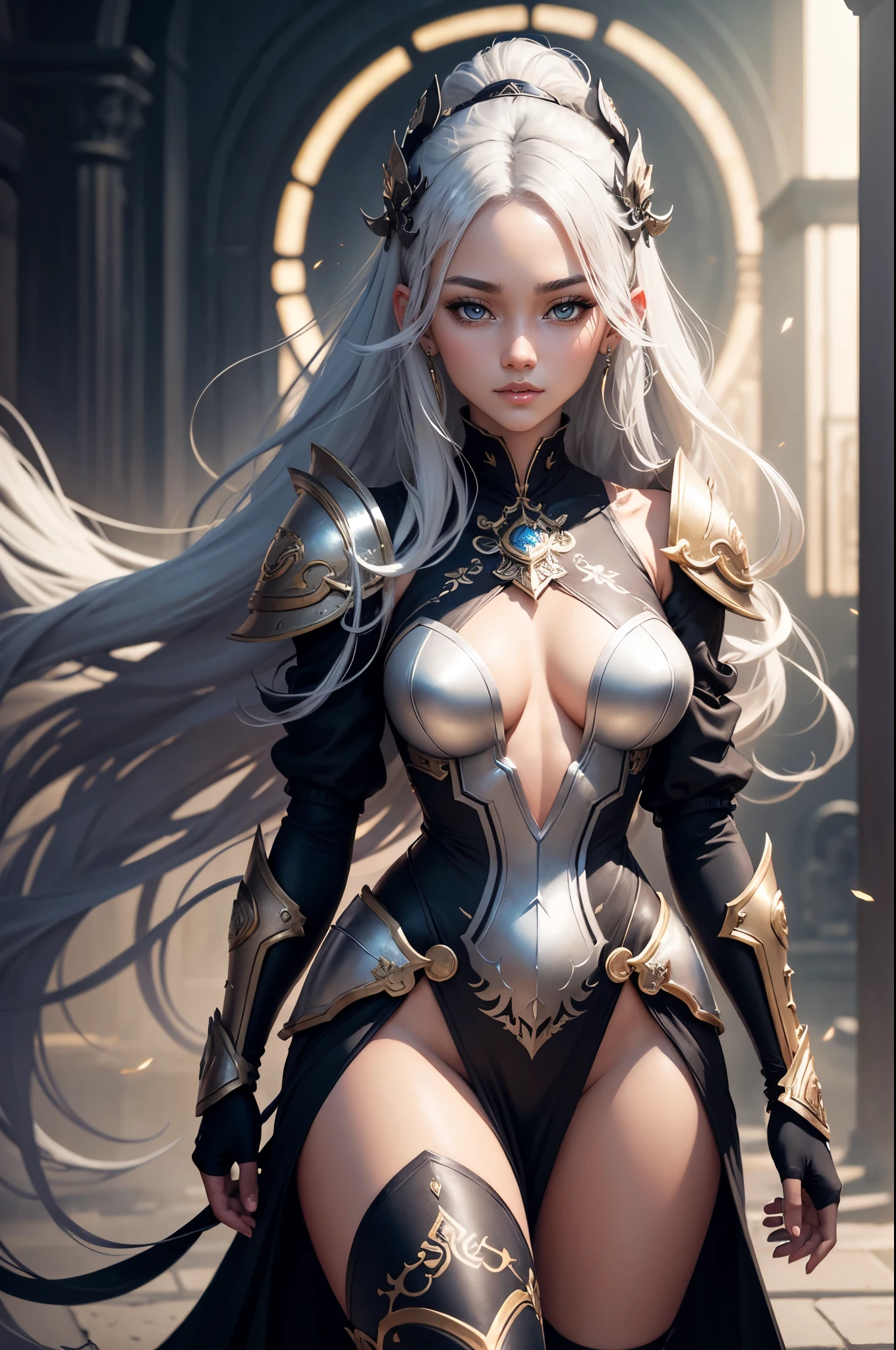black skin woman in a silver and gold white dress, blue-grey eyes, flying, full black body, super long white hair, slim toned black body, Vest line, long hair flowing, Surrounded by light quality jewelry, accessories, chengwei pan on art station, by Yang J, detailed fantasy art, stunning character art, fan art best art station, epic exquisite character art, beautiful armor, extremely detailed art germ, detailed digital anime art, art germ on art station pixie, armor girl, Masterpiece, best quality, super high resolution, fluorescent color, looking at the audience, beautiful face, beautiful eyecare shoulder