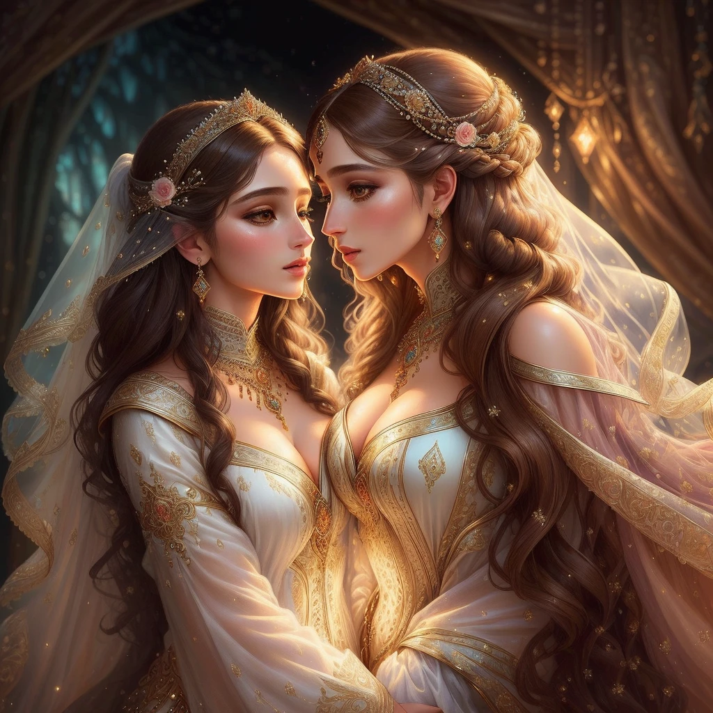 (Best quality, 4K, 8K, A high resolution, Masterpiece:1.2), Ultra-detailed, Realistic portrait of an aristocratic maiden, Exquisite facial features,Long brown curly hair details expressed, Graceful posture, Dreamy atmosphere, expressive brush strokes, mystical ambiance, Artistic interpretation,Delicately coiled hair,Floral jewelry with exquisite details, Crystal diamond jewelry,Small fresh aesthetics,Stunning intricate costumes, Fantasy illustration, Subtle colors and tones, mystical aura,The details have been upgraded, (2girls, cheek to cheek, kiss:1.2)