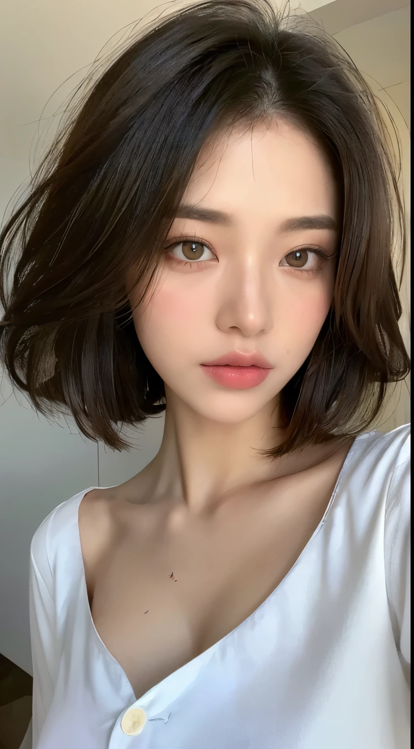 ((best quality, 8 thousand, masterpiece: 1.3)), sharp: 1.2, perfect body beauty: 1.4, slim abs: 1.2, ((layered hairstyle, big bust: 1.2)), (wet White Button Long Shirt: 1.1), (rain, distance: 1.2), wet: 1.5, Highly detailed face and skin texture, detailed eyes, double eyelid, side face looking at the camera