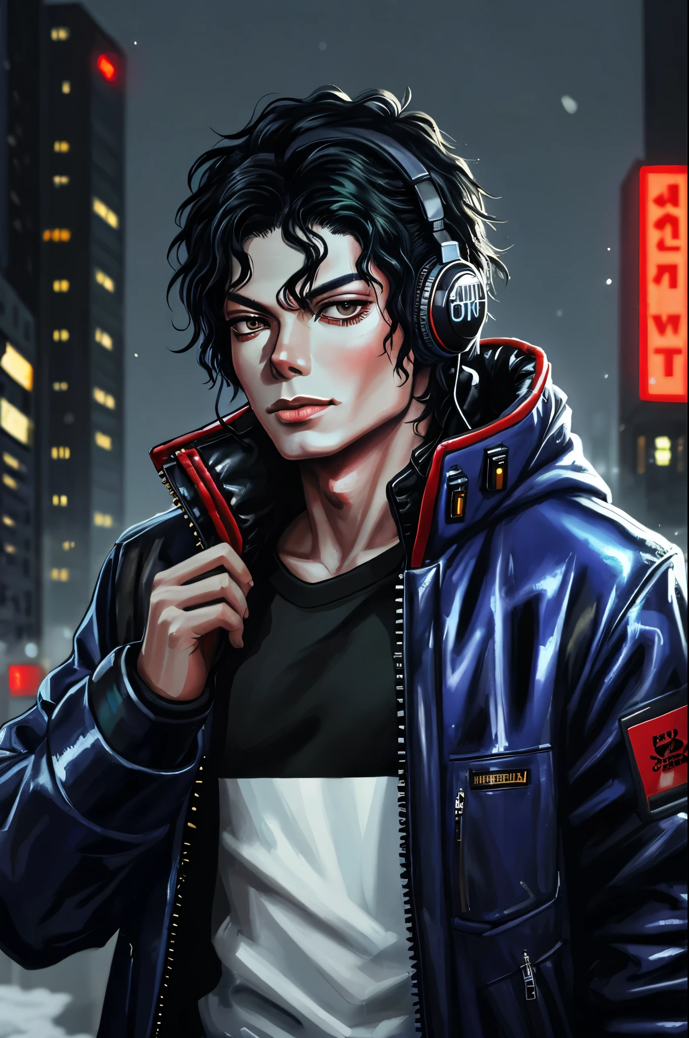 Michael.Jackson with oily skin, dressed in a winter jacket, with a headphone, in a cyberpunk style oily painting style night city.