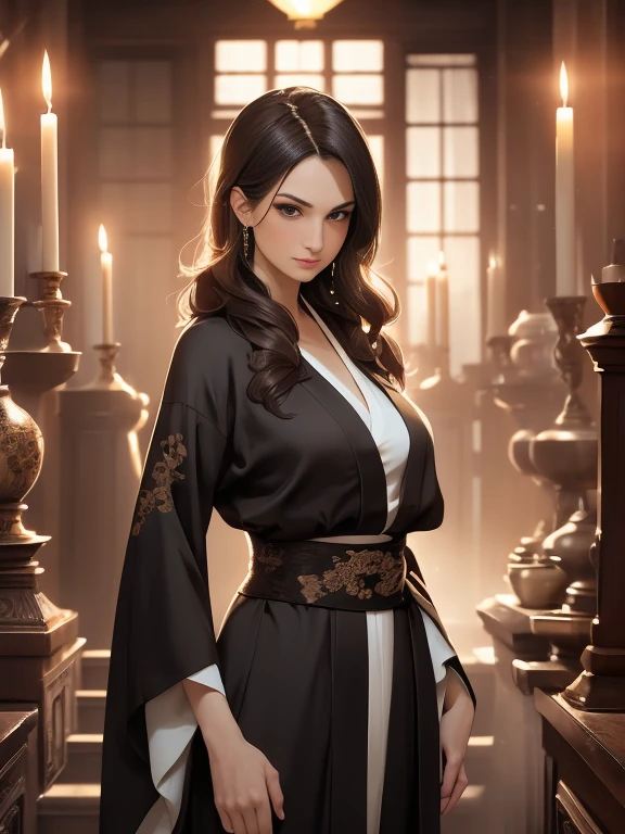 (Caucasian woman, female, short brown hair, pale skin, brown eyes, solo portrait, natural breasts) black kimono, black flowing kimono, black clothing, full body, smiling, looking at viewer, standing inside, good lighting, daytime, inside temple, candles in background, best quality)), art by greg rutkowski