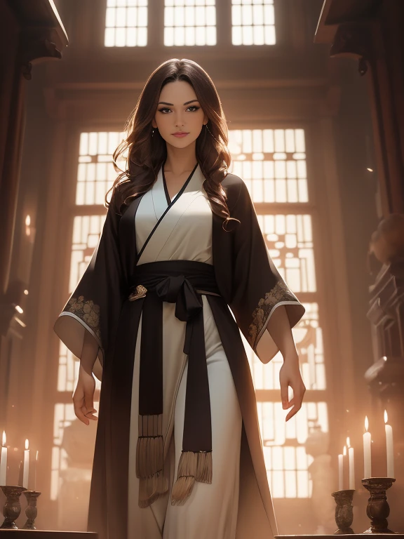 (Caucasian woman, female, short brown hair, pale skin, brown eyes, solo portrait, natural breasts) black kimono, black flowing kimono, black clothing, full body, smiling, looking at viewer, standing inside, good lighting, daytime, inside temple, candles in background, best quality)), art by greg rutkowski