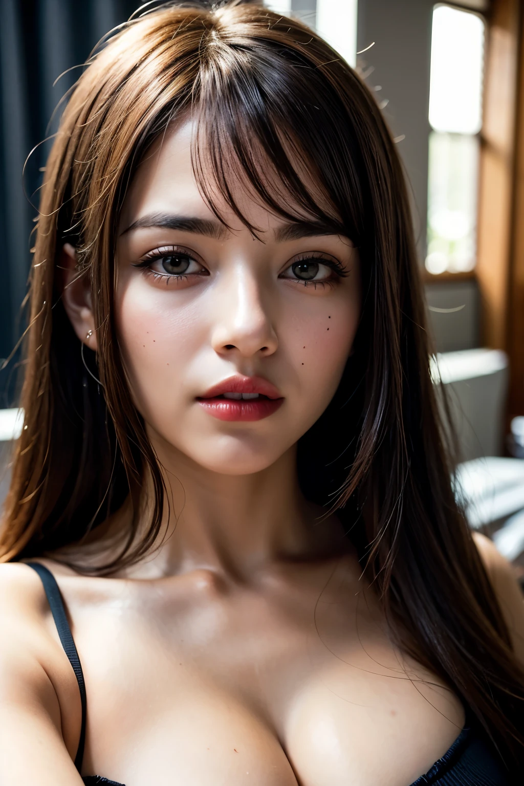 Detailed face of woman looking into camera, olhos azuis, warm thick red lips, boca separada com sensualidade, corrigir dedos deformados, fotorrealista, sharp eyes, Eyes for the camera, sorrindo levemente