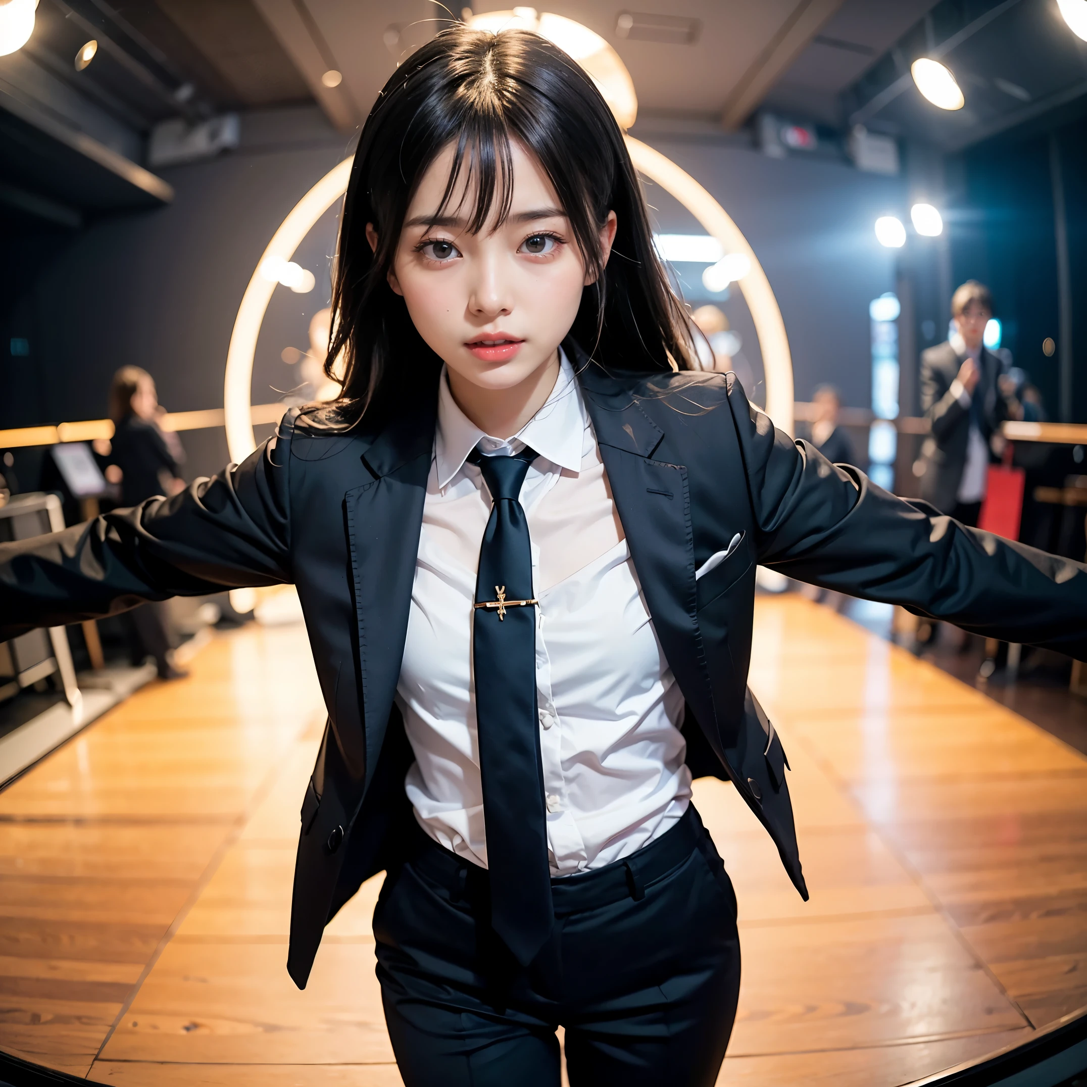 masterpiece、Flat Color、Depth of written boundary、Lens Flare 1 Girl、、Brown Hair、Staring at the audience Black suspenders bulging big breasts Armpit sweat sweating 両手のside wall: Black trousers, Black Suit Chain arms sight Small face bangs over eyes side Colored Contact Lenses Dress shirt holster Lock belt