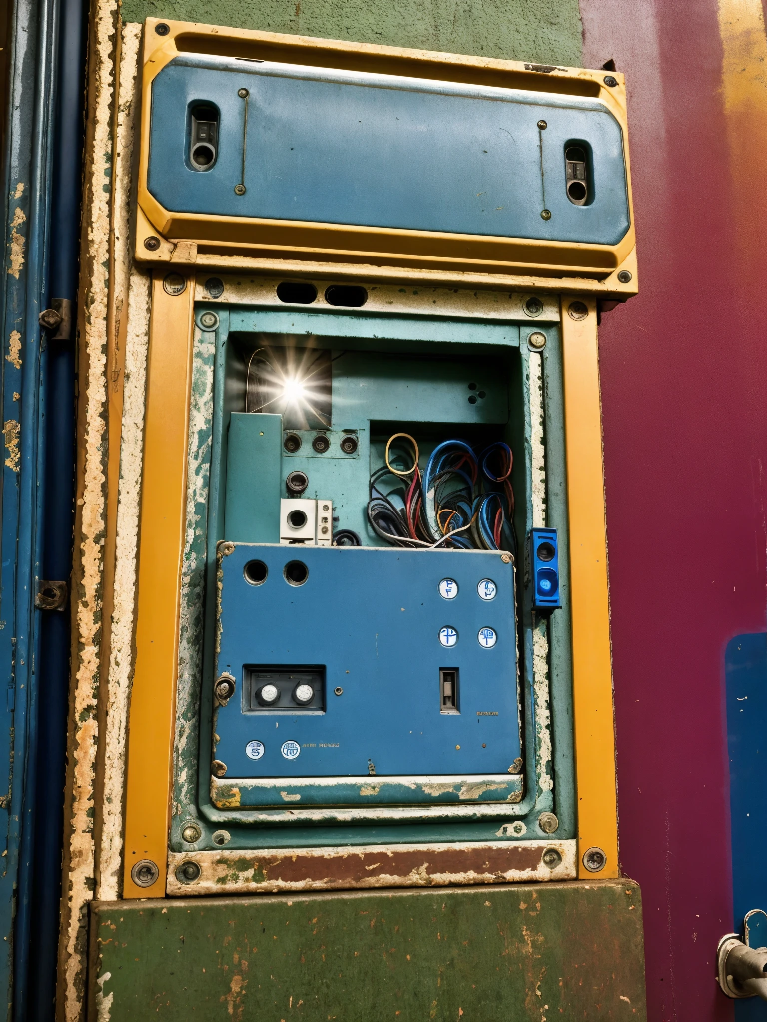 there a blue door in a wall with a window, control panel, control panels, photo of poor condition, electrical case display, old experimentation cabinet, electrical details, centered in panel, photo taken in 2 0 2 0, broken vending machines, photograph taken in 2 0 2 0, the photo shows a large, year 0, electric, electrical. Give futuristic effect
