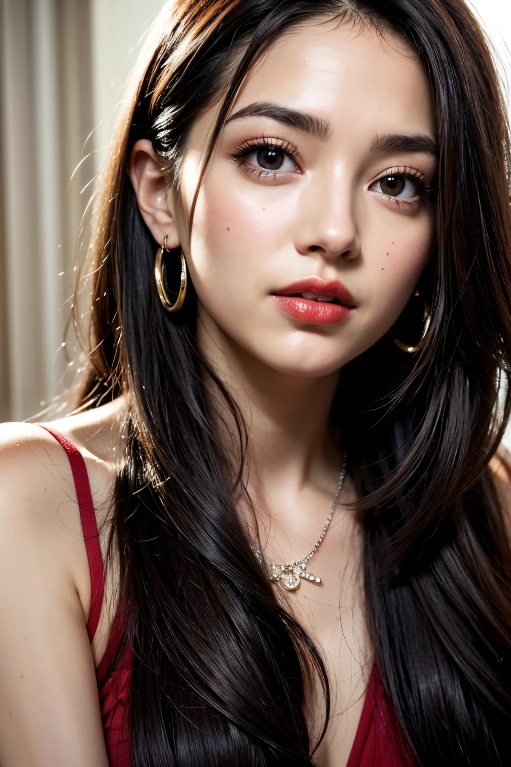 Detailed face of woman looking into camera, olhos azuis, warm thick red lips, boca separada com sensualidade, corrigir dedos deformados, fotorrealista, sharp eyes, Eyes for the camera, sorrindo levemente