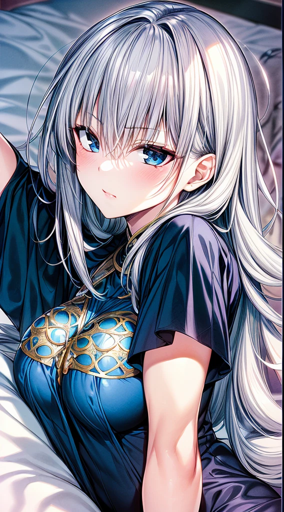 （Enrich the picture，Masterpiece level quality）Beautiful 8K CG artwork,1girl,solo,morgan le fay (fate),detailed face, perfect face, perfect eyes,blue eyes,Long Hair,Very long hair, big boob, grey hair,Slim and soft,big breasts,in the bed,