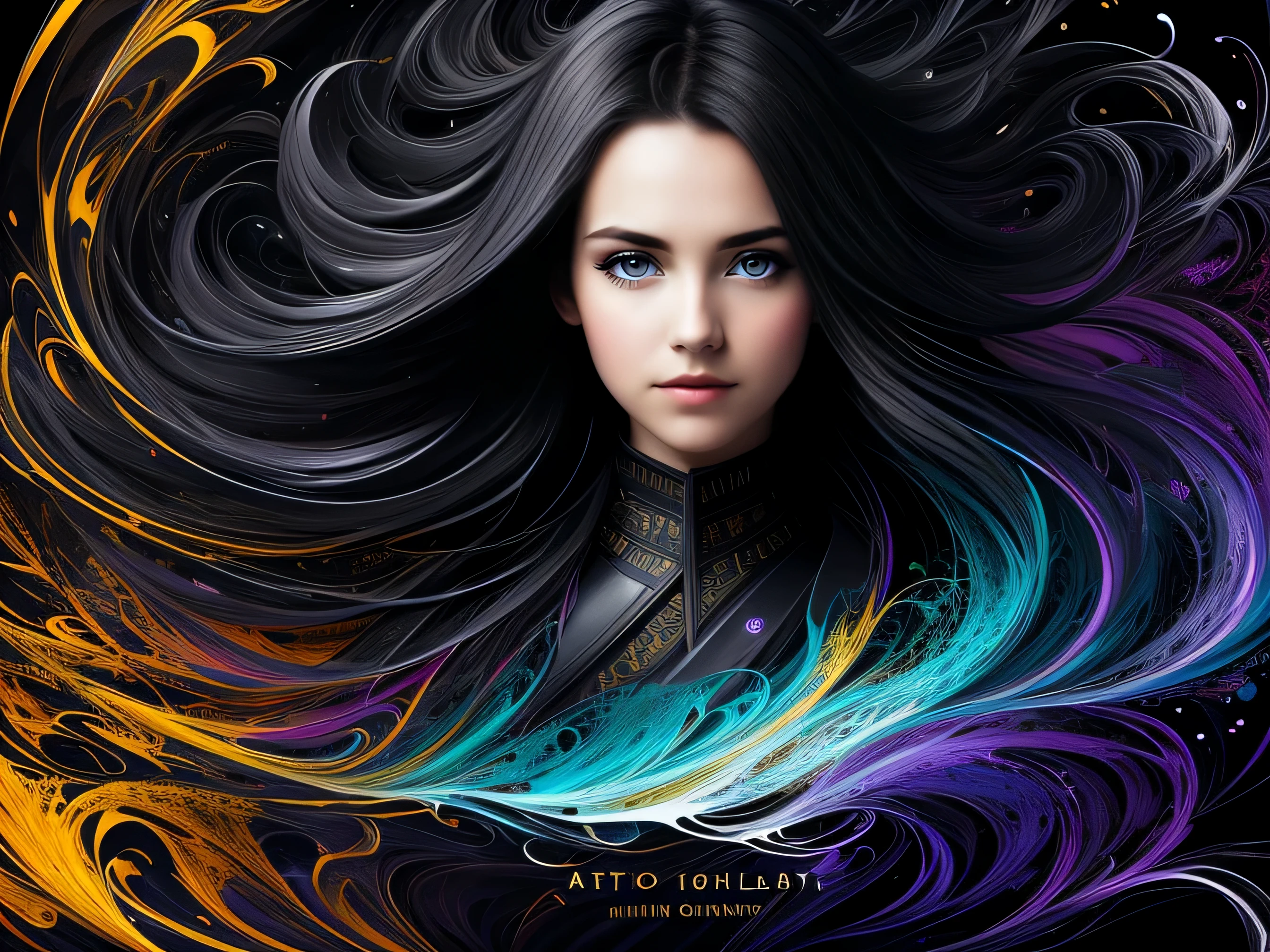 Colorful beautiful girl: 28-years old, messy hair, oil painting, nice perfect face with soft skin, nice perfect face, blue and yellow colors, light purple and violet additions, light red additions, intricate detail, splash screen, 8k resolution, masterpiece, cute face,artstation digital painting smooth veryBlack ink flow: 8k resolution photorealistic masterpiece: intricately detailed fluid gouache painting: by Jean Baptiste Mongue: calligraphy: acrylic: watercolor art, professional photography, natural lighting, volumetric lighting maximalist photoillustration: by marton bobzert:, complex, elegant, expansive, fantastical, wavy hair, vibrant, Best quality details, realistic, High definition, High quality texture, epic lighting, Cinematic film still, 8k, soft lighting, anime style, masterful playing card border, random Colorful art, oil painting, blue yellow colors, light purple and violet additions, light red additions, intricate detail, splash screen, 8k resolution, masterpiece, artstation digital painting smooth veryBlack ink flow: 8k resolution photorealistic masterpiece: intricately detailed fluid gouache painting: by Jean Baptiste Mongue: calligraphy: acrylic: watercolor art, professional photography, natural lighting, volumetric lighting maximalist photoillustration: by marton bobzert:, complex, elegant, expansive, fantastical, vibrant, ((dark plain black background:1.4))