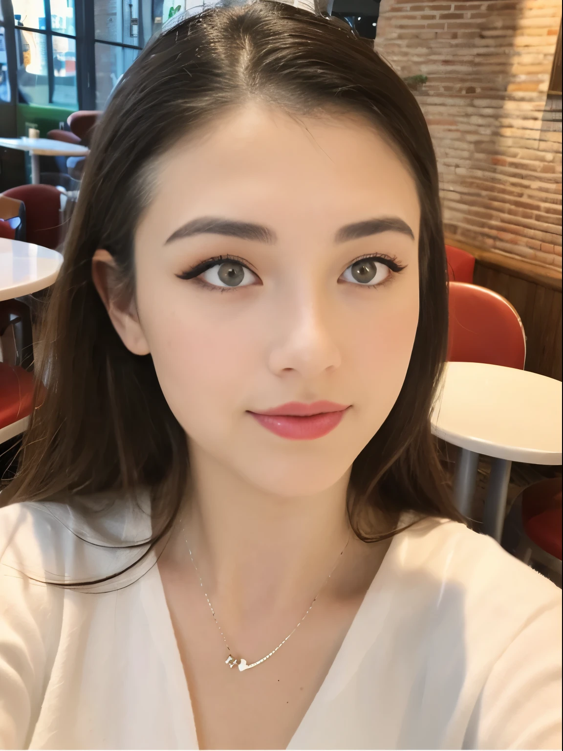 Photo of a 20 year old brunette woman, that  has a very natural face,  thin lips, thin eyes, thin eyebrows, thin nose, earrings, long eyelashes. She makes a cute selfie in a cafe