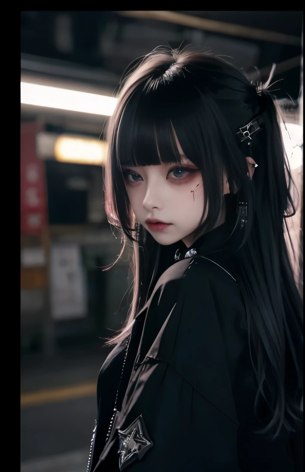 excellent rendering, 8K, masterpiece, super high quality, beauty: 1.2, professional illustration: 1.1, ultra detail: 1.3, Ultra Lighting, very detailed, (More about Dark Light) 1 girl, 
 goth_punk
Heterochromia of red and yellow eyes、(Full shot,cowboy shot, long shot)