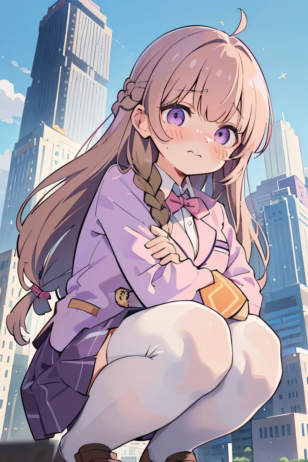 (Light brown hair with pink mesh:1.3),(Long hair with fluffy decals:1.2),(braid:1.2),(With bangs),(purple eyes:1.3),(Huge body like a giant:1.4),(Titan:1.4),(A modern city with skyscrapers below:1.4),(squat:1.4),blush,(eye size:1.7),(embarrassed face:1.35),(touching one's face with one's hands:1.35),(school uniform:1.3),(Blazer type uniform:1.3),(The one who runs away々:1.3),(lots of mobs:1.5),(perspective from below:1.4)