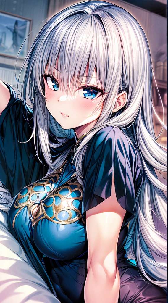 （Enrich the picture，Masterpiece level quality）Beautiful 8K CG artwork,1girl,solo,morgan le fay (fate),detailed face, perfect face, perfect eyes,blue eyes,Long Hair,Very long hair, big boob, grey hair,chuckle,Slim and soft,big breasts,in the bed,