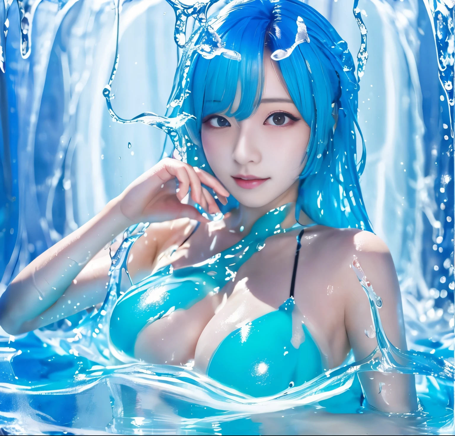 (hight resolution,masutepiece:1.2),Ultra-detailed,(Realistic:1.37), pov, Slime Girl,covered in blue slime, (partially transparent), (Wet with water), (blue sweat), Slimy blue liquid dripping from her body. Her hair is also covered in blue slime. blue slime scatters, Blue hair, blue eyes