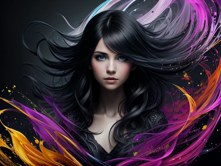 Colorful beautiful girl: 28-years old, messy hair, oil painting, nice perfect face with soft skin, nice perfect face, blue and yellow colors, light purple and violet additions, light red additions, intricate detail, splash screen, 8k resolution, masterpiece, cute face,artstation digital painting smooth veryBlack ink flow: 8k resolution photorealistic masterpiece: intricately detailed fluid gouache painting: by Jean Baptiste Mongue: calligraphy: acrylic: watercolor art, professional photography, natural lighting, volumetric lighting maximalist photoillustration: by marton bobzert:, complex, elegant, expansive, fantastical, wavy hair, vibrant, Best quality details, realistic, High definition, High quality texture, epic lighting, Cinematic film still, 8k, soft lighting, anime style, masterful playing card border, random Colorful art, oil painting, blue yellow colors, light purple and violet additions, light red additions, intricate detail, splash screen, 8k resolution, masterpiece, artstation digital painting smooth veryBlack ink flow: 8k resolution photorealistic masterpiece: intricately detailed fluid gouache painting: by Jean Baptiste Mongue: calligraphy: acrylic: watercolor art, professional photography, natural lighting, volumetric lighting maximalist photoillustration: by marton bobzert:, complex, elegant, expansive, fantastical, vibrant, ((dark plain black background:1.4))