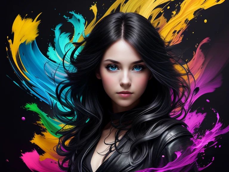 Colorful beautiful girl: 28-years old, messy hair, oil painting, nice perfect face with soft skin, nice perfect face, blue and yellow colors, light purple and violet additions, light red additions, intricate detail, splash screen, 8k resolution, masterpiece, cute face,artstation digital painting smooth veryBlack ink flow: 8k resolution photorealistic masterpiece: intricately detailed fluid gouache painting: by Jean Baptiste Mongue: calligraphy: acrylic: watercolor art, professional photography, natural lighting, volumetric lighting maximalist photoillustration: by marton bobzert:, complex, elegant, expansive, fantastical, wavy hair, vibrant, Best quality details, realistic, High definition, High quality texture, epic lighting, Cinematic film still, 8k, soft lighting, anime style, masterful playing card border, random Colorful art, oil painting, blue yellow colors, light purple and violet additions, light red additions, intricate detail, splash screen, 8k resolution, masterpiece, artstation digital painting smooth veryBlack ink flow: 8k resolution photorealistic masterpiece: intricately detailed fluid gouache painting: by Jean Baptiste Mongue: calligraphy: acrylic: watercolor art, professional photography, natural lighting, volumetric lighting maximalist photoillustration: by marton bobzert:, complex, elegant, expansive, fantastical, vibrant, ((dark plain black background:1.4))